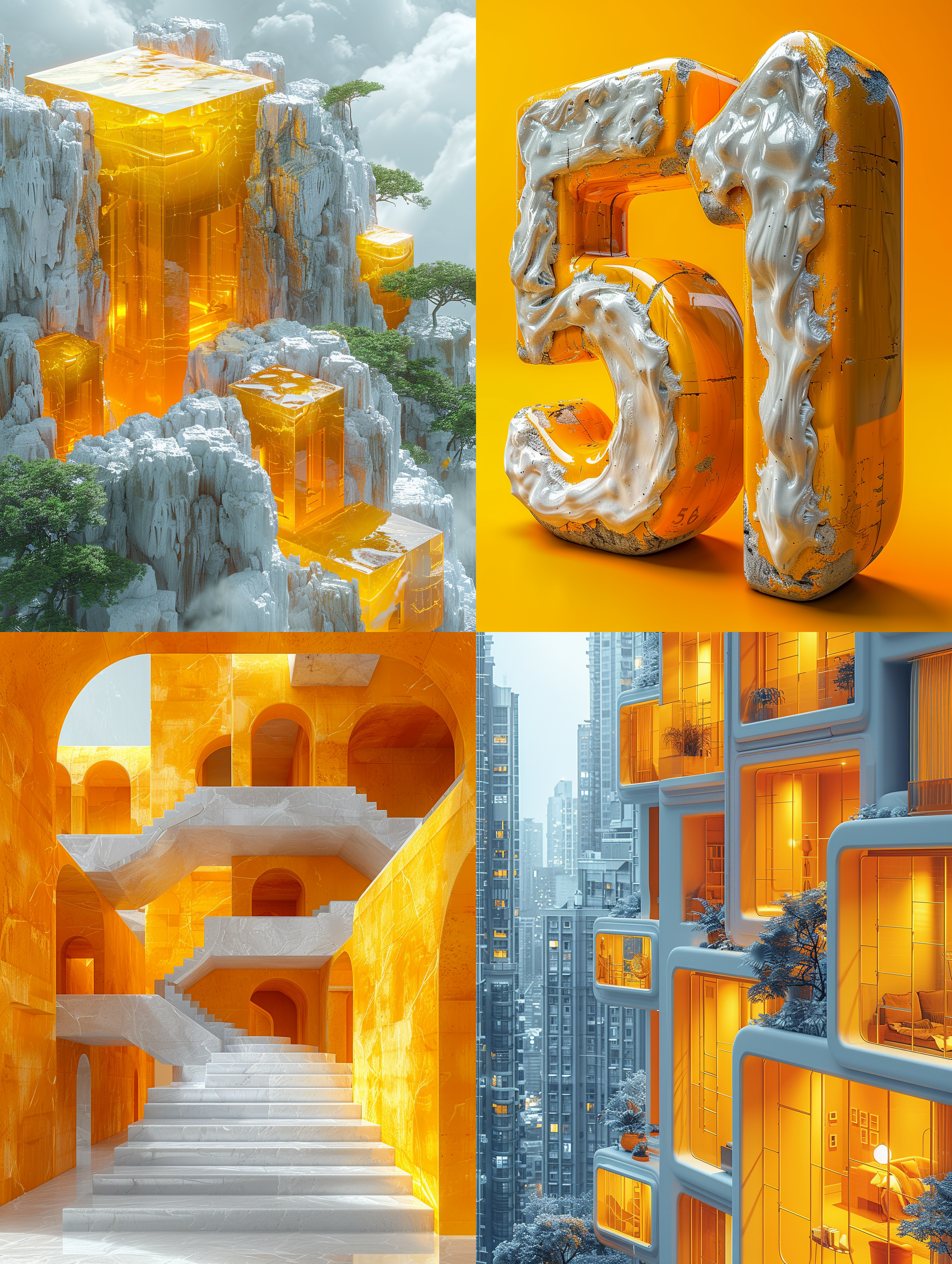 3d等距数字“51”，黄色和白色，黄色场景，背景中有建筑物，右上角40%文字空间，数字下方为白色地板，橙色渐变天空，低角度特写镜头，柔和光线，高分辨率，高细节和清晰对焦，复杂细节，octane风格渲染。