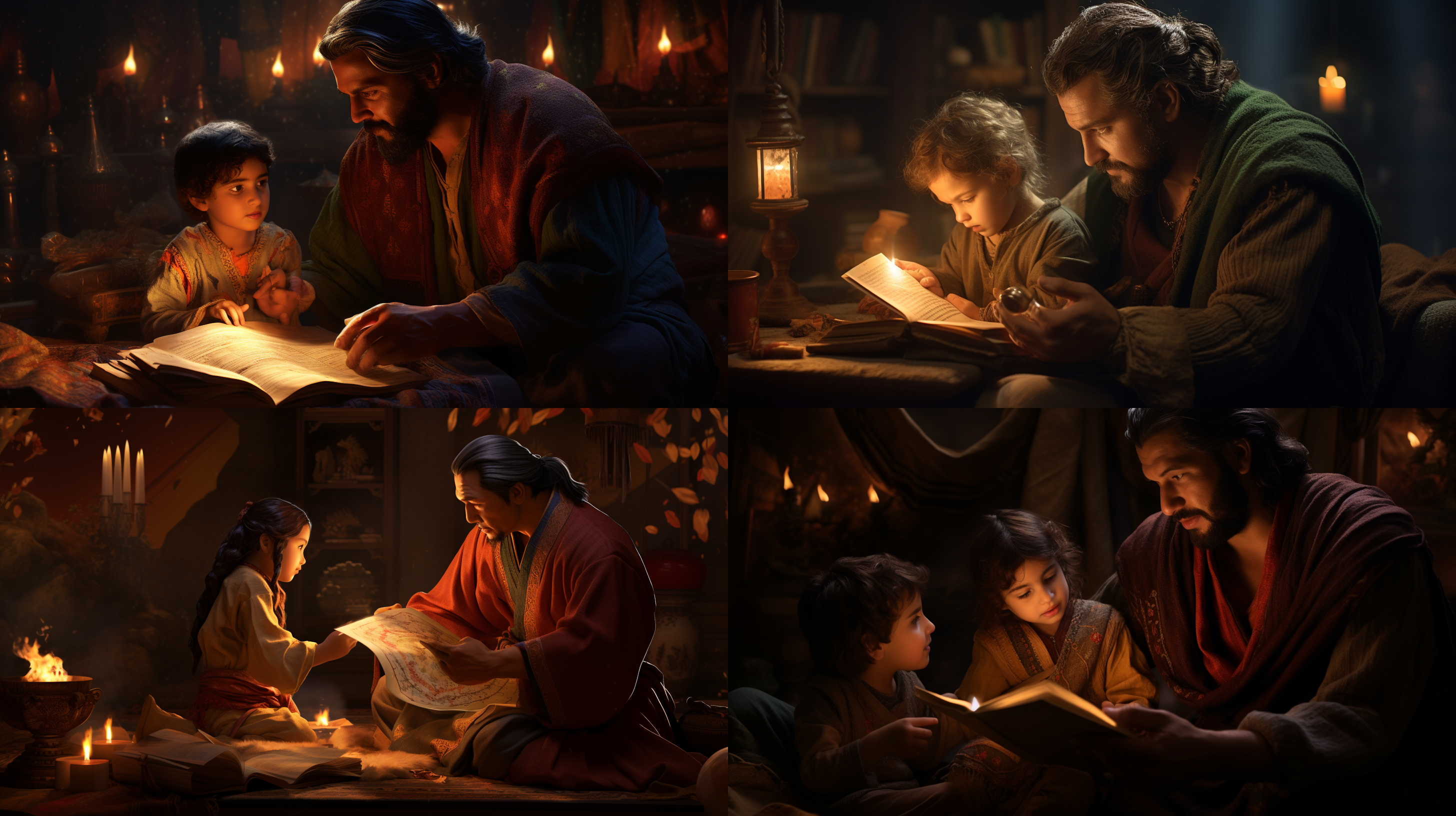 父亲讲故事，夜晚室内，古老画卷，亲子互动，神兽传说，温馨，柔和光线，中焦镜头，传统服饰，专注表情，色彩丰富。