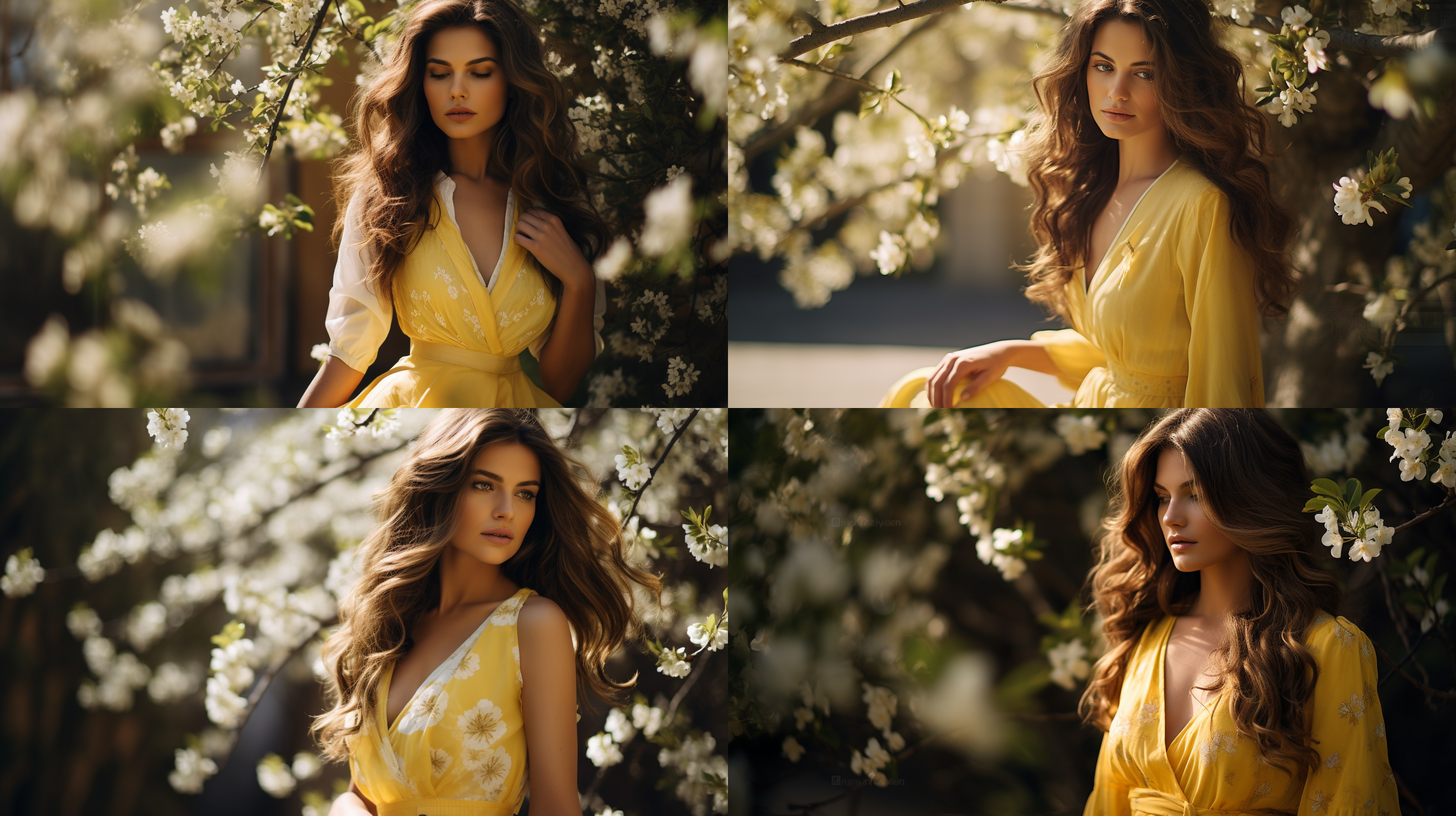 glamour photography, 3/4 profile, lots of room for reproduction on the screen, spring, under a pear tree with white flowers, a beautiful woman posing, long hair, yellow dress, minimalist picture, backlight, rembrandt lighting, dslr, expressive, extremely detailed,style raw stylize