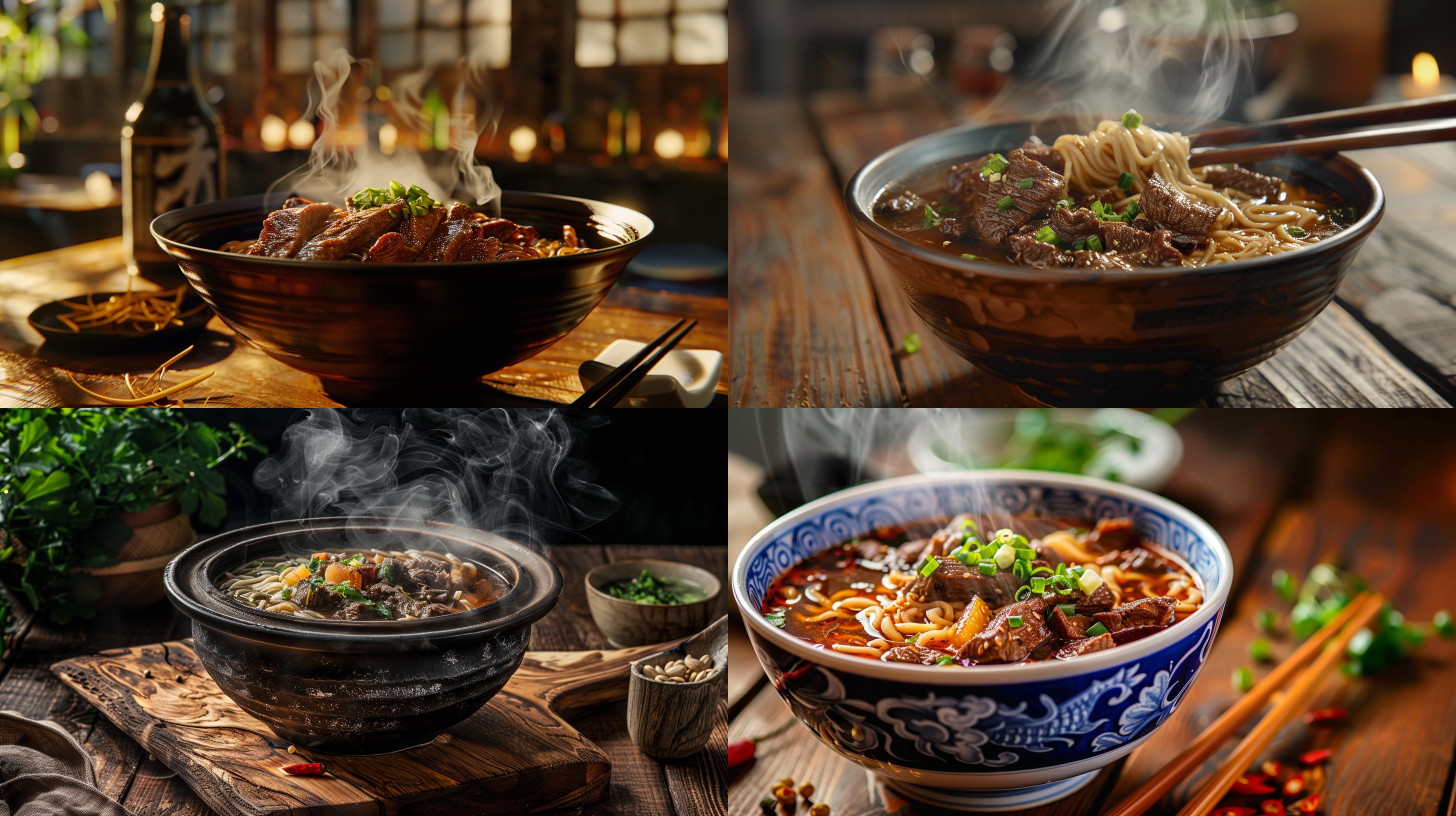 木质餐桌，一碗牛肉面，热气腾腾，真实的牛肉细节，真实的手擀面细节，非常真实的摄影