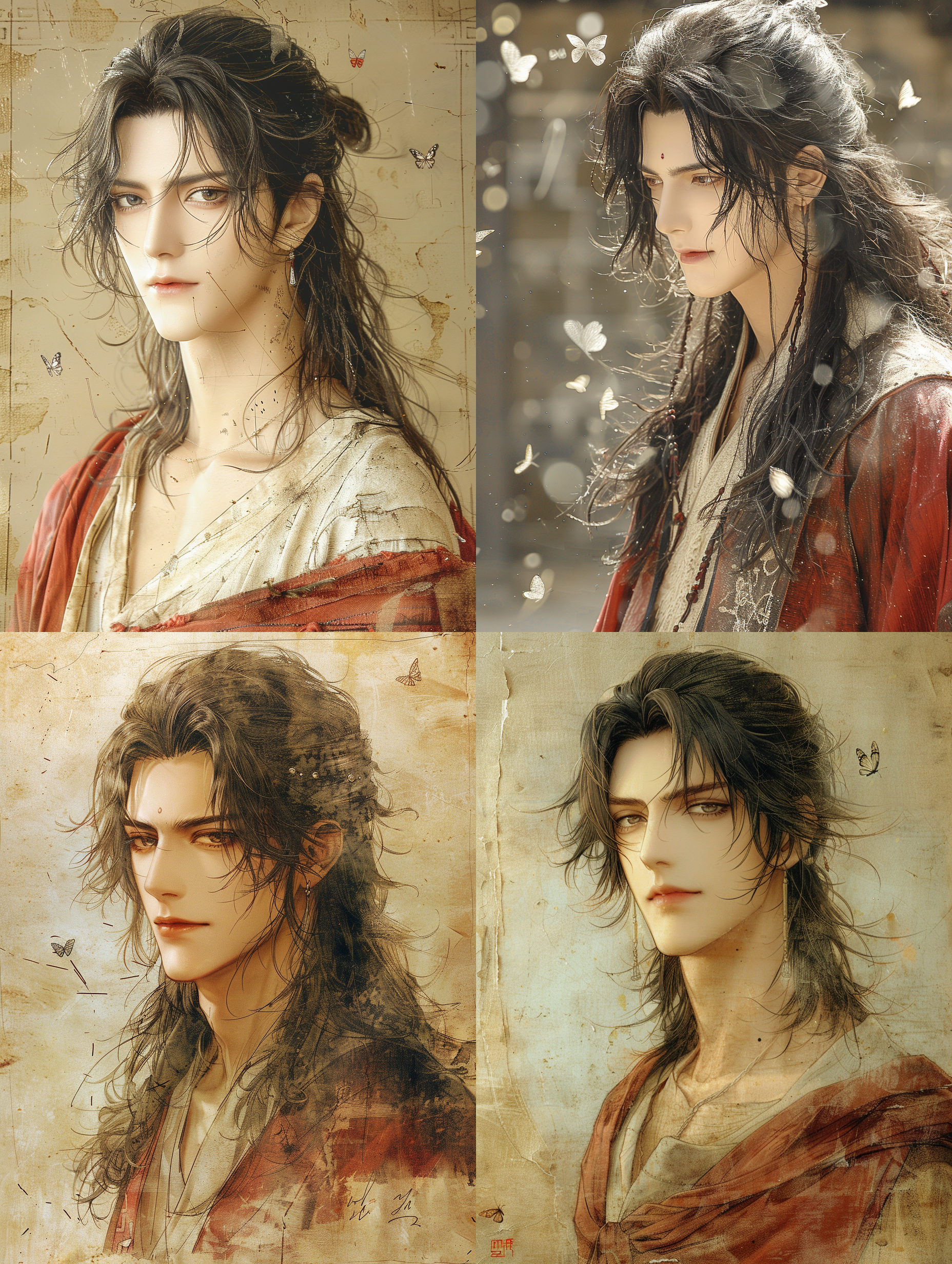 14岁美少年，正面角度，披肩长发，银蝶飞舞，高分辨率，红衣飘扬，自然光，细节丰富，浓重色彩，瘦长身材，少年气息，脸庞精致，青春活力。