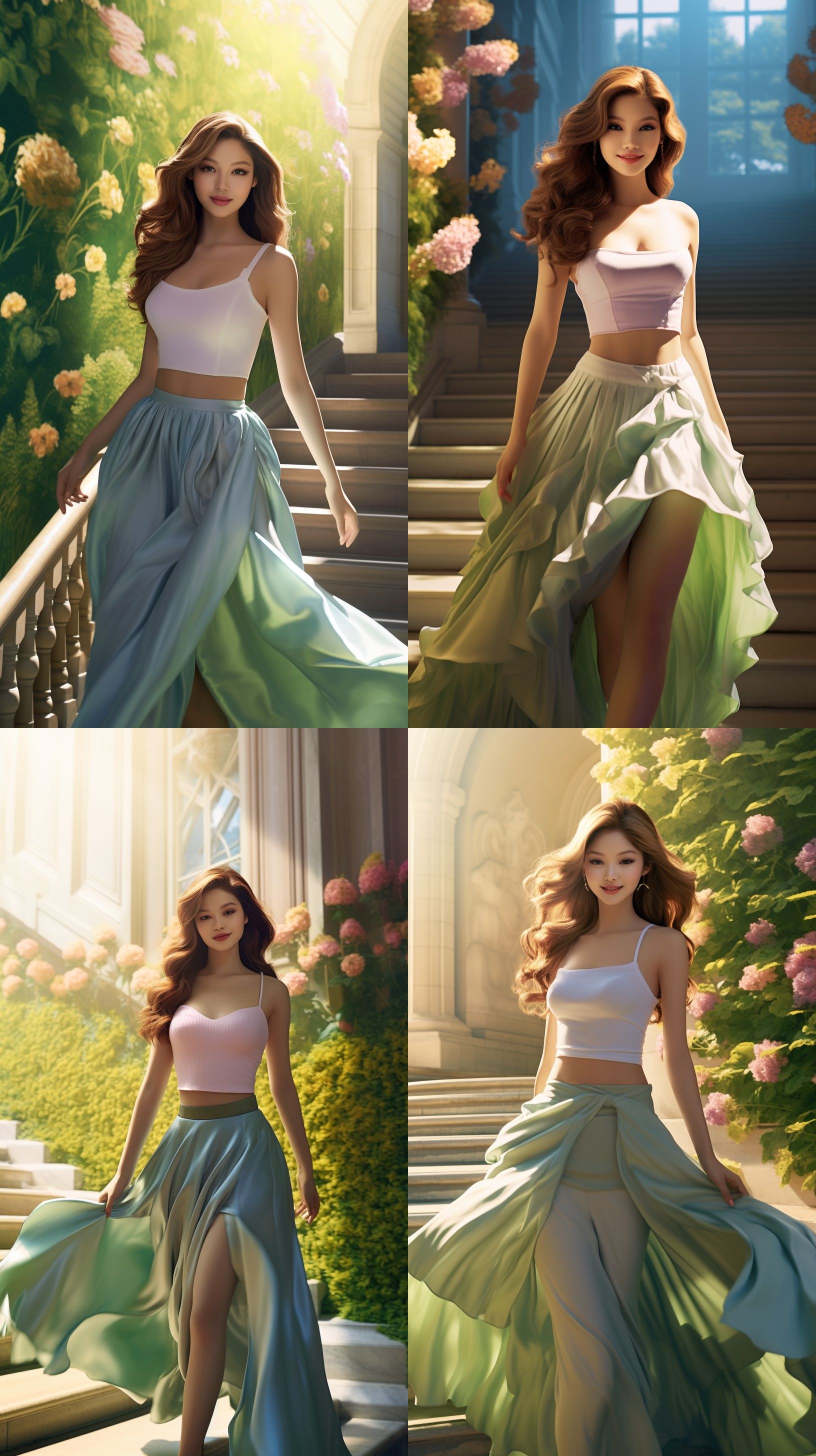 优雅美女，逆光拍摄，大理石楼梯上，长裙飘逸，微笑，经典复古风格，柔和色调，正面视角，中焦镜头，柔光箱，自然动作，优雅。