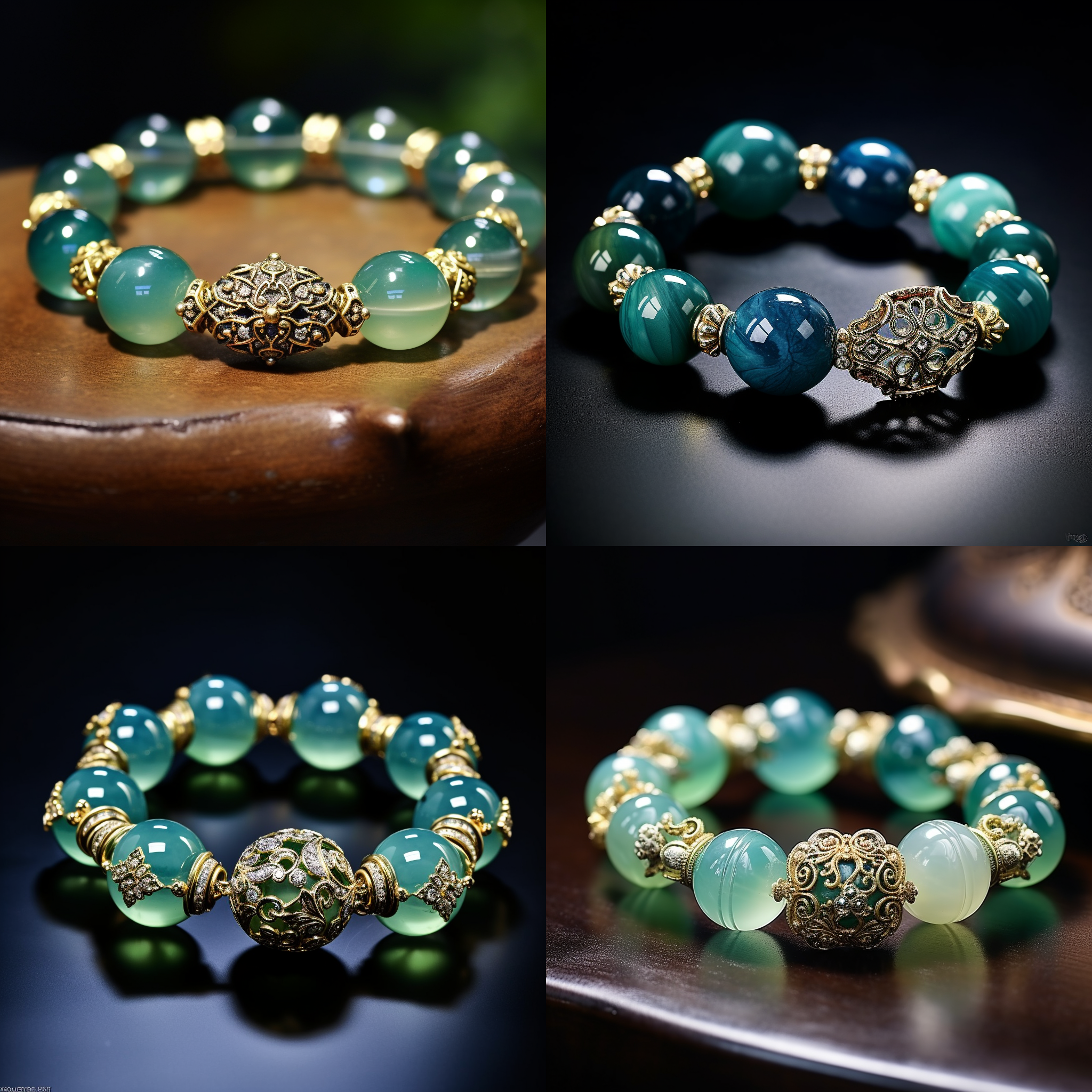 蓝绿珠宝手链，细致设计，高级感，纤弱，中式风格，神秘光泽，女性韵味，佛珠元素，文化融合，匠心细节，千年故事，优雅华贵，女性品味，光影交错。