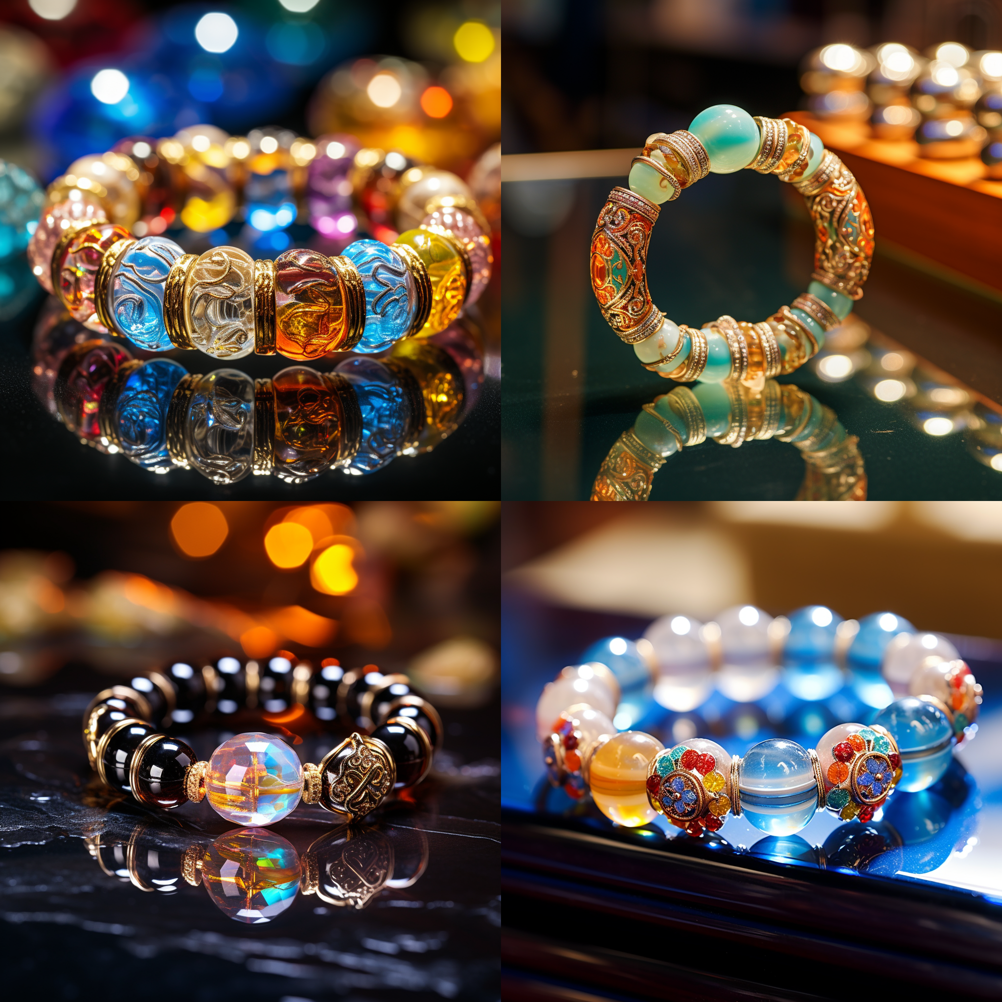 手链展示，中式佛珠样式，女性手腕，清晰对焦，玻璃架，柔光箱，微距镜头，细节凸显，高清晰度，水滴光泽，镜面反射，优雅，神秘感。