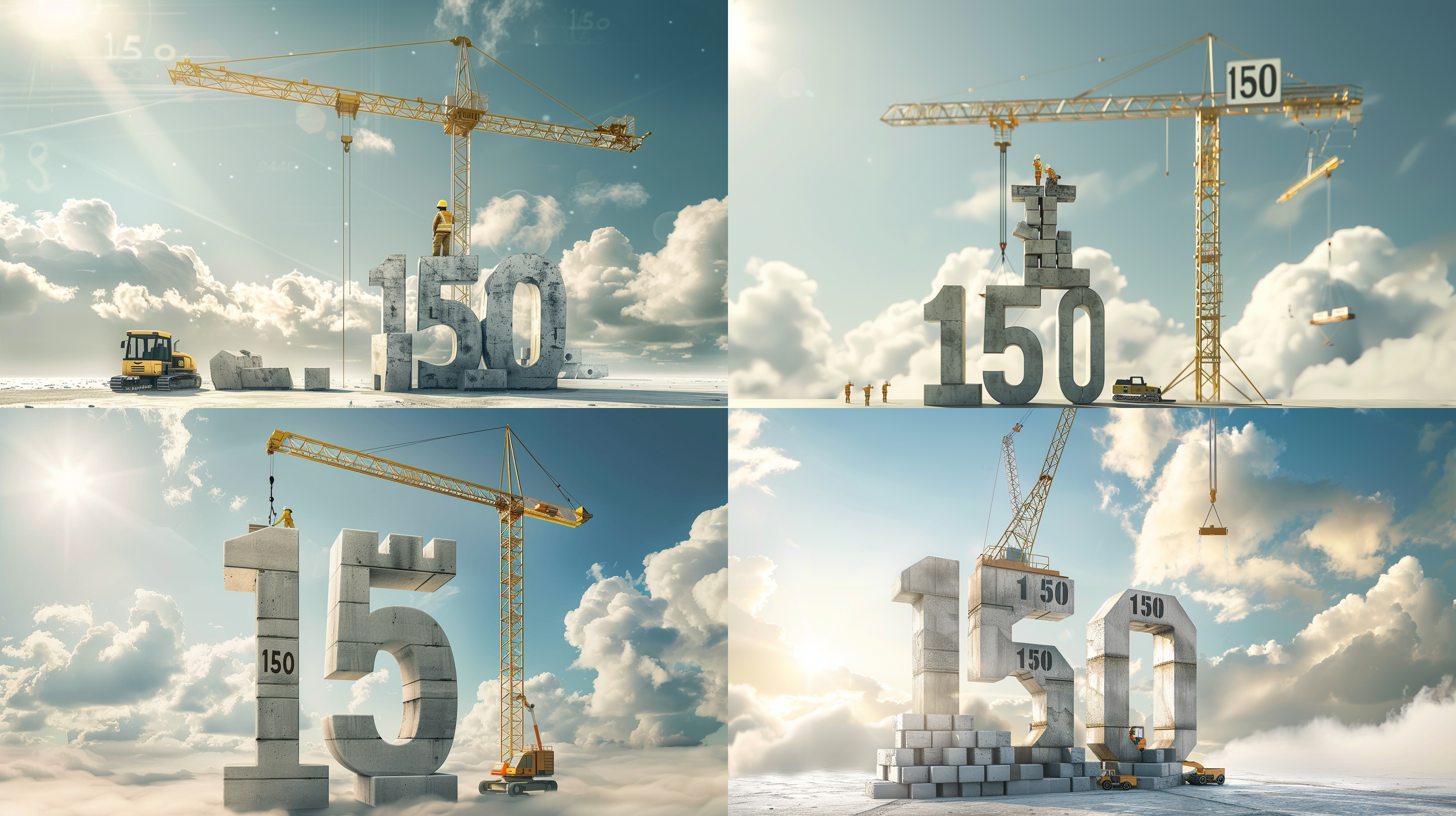 数字“150”的三维建筑插图，将混凝土彩色数字“150”堆叠在一起。用简单的线条和形状在极简风格的蓝天白云背景上创造数字“150”，并在物体周围放置一个工地起重机，仿佛在施工。灯光从工人的身后照进来。它是一个完整的建筑工地，具有高分辨率，超精细的细节，模糊的前景，8k，
