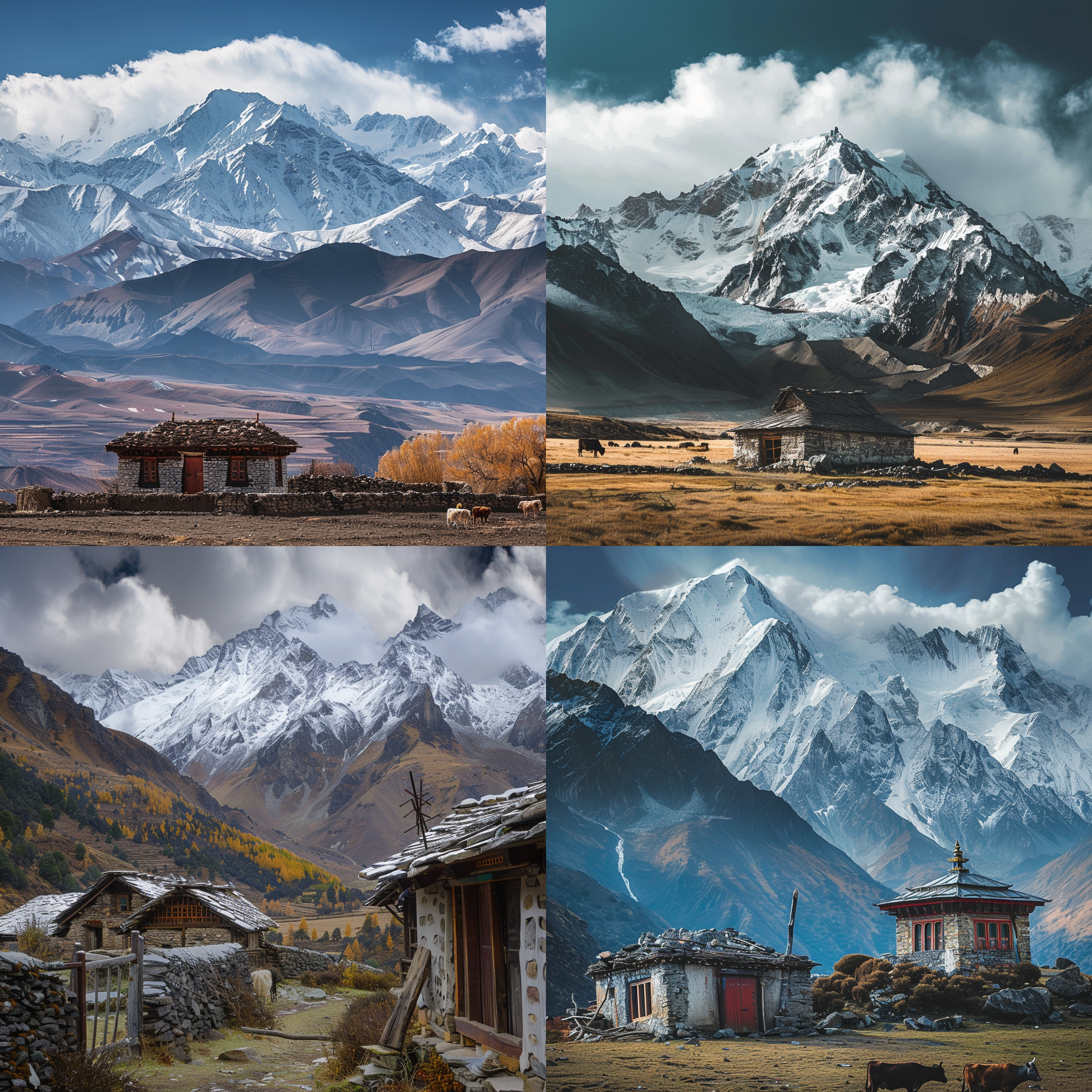 雪山巍峨，藏区碉房古朴，牛棚静谧，层次分明，宽广天空，冷色调，广角镜头，自然光照，细节丰富，静谧宁谧，壮阔悠远。