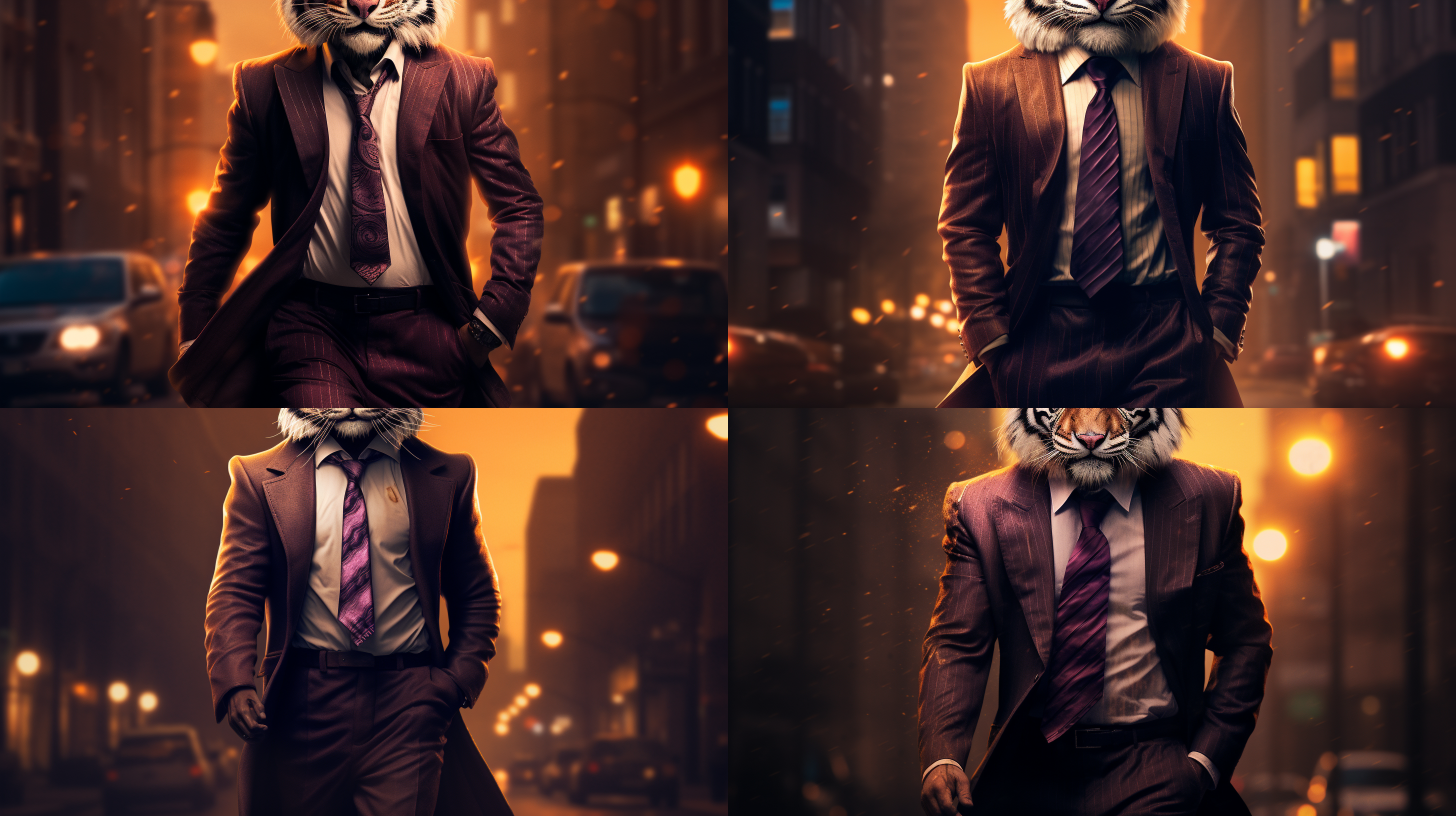 美国黑帮老虎，怀旧卡通风格，黄昏背景，生气表情，正面角度，超清渲染，礼帽，立姿，3d动画，动态姿态，暖色调，突出色彩，挑衅情绪。 皮克斯 紫红 秋日棕 迪奥