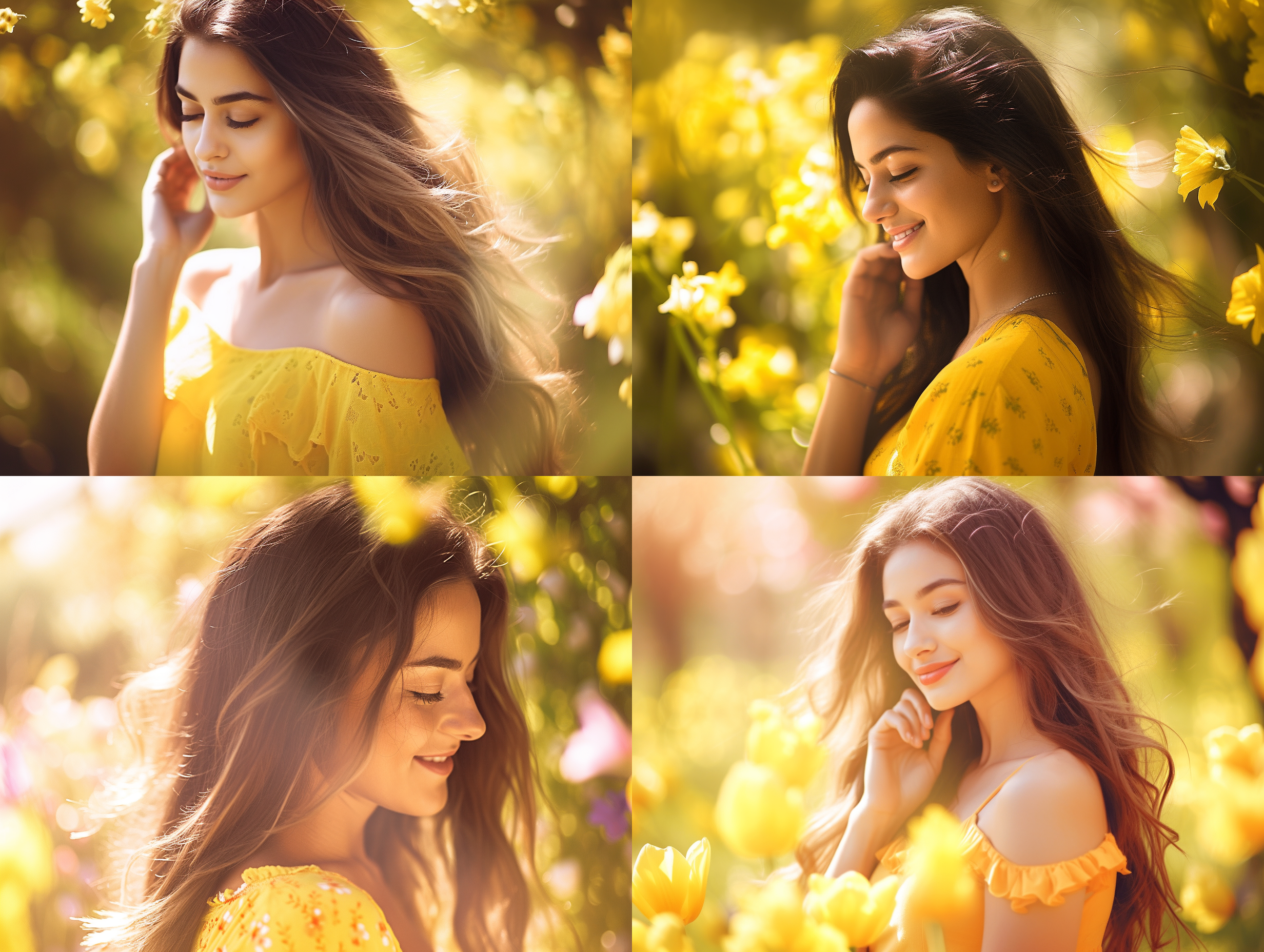 📸 一位年轻女子笑得泪流满面，站在阳光明媚的花园里。她穿着一件明亮的黄色连衣裙，微风轻拂她的长发。背景是绚丽多彩的花朵，光影斑驳。高饱和度，柔和对比度，50mm定焦镜头，逆光，快门速度1/500秒，欢乐，幸福。