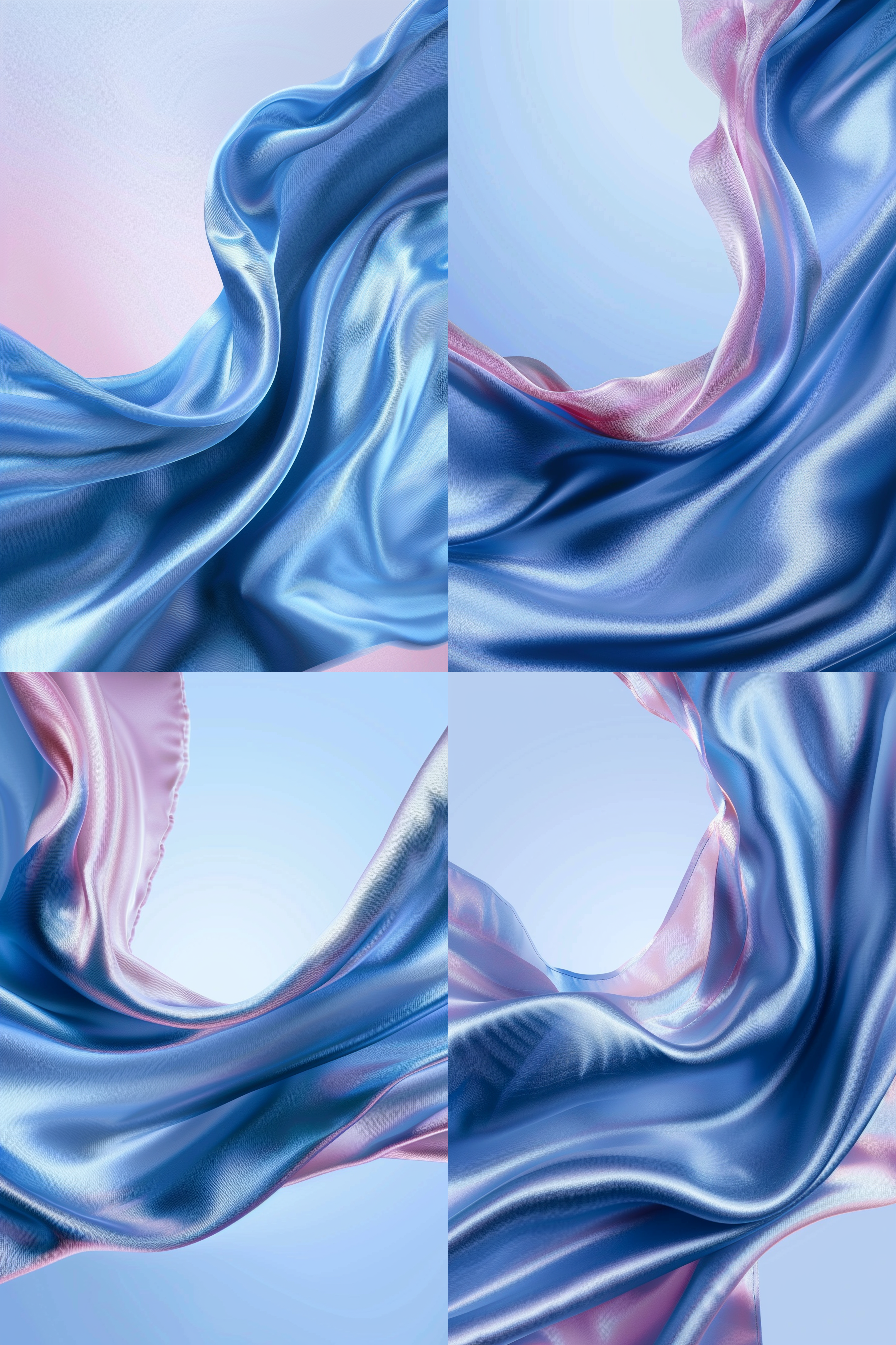 蓝色光滑布料，一边是粗的，另一边是细的，绸缎，光滑，飘逸，整体柔和色彩，有光泽，画面舒适，高清画质，