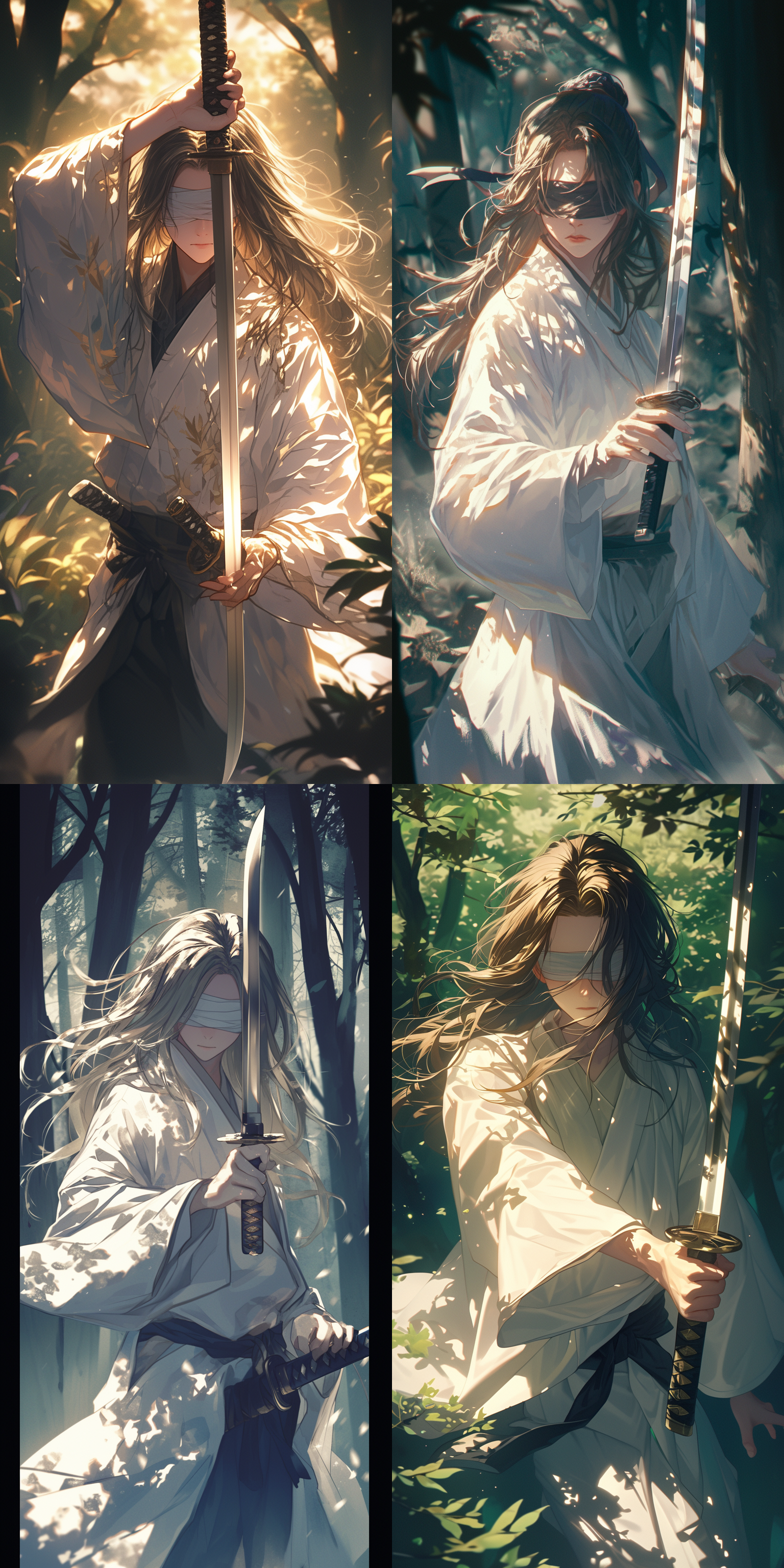 长发白衣少年白布蒙眼手持短剑，森林中，神秘氛围，侧光，低饱和度，长焦镜头，静态，古风，冷色调，决心。