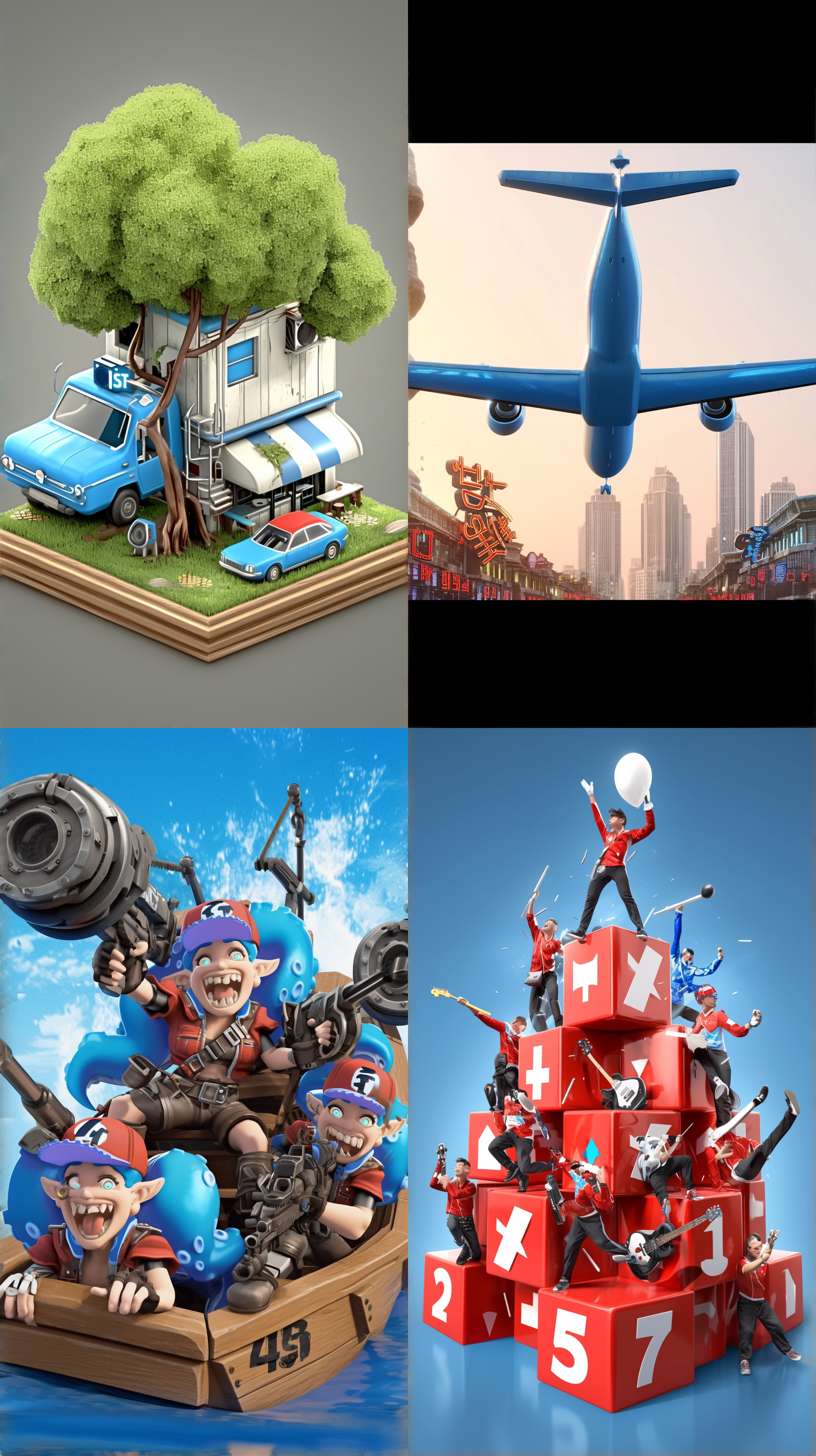 五一立体字，城市街头，夜晚灯光，霓虹灯映射，现代风格，高楼大厦，侧逆光，长焦镜头，明亮色彩，欢快氛围。