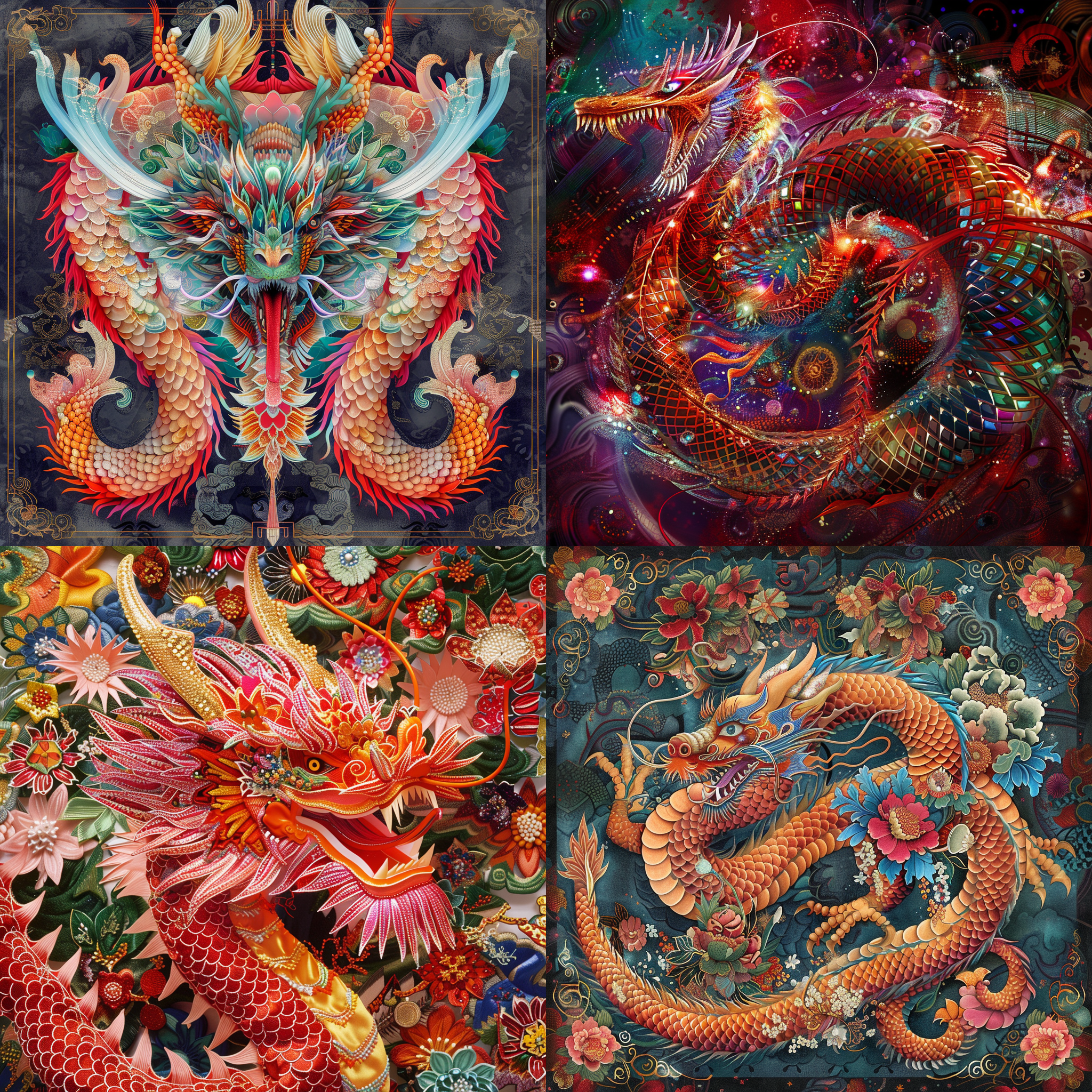 龙的爪子摆出v型，喜庆的颜色，欢乐的氛围, 传统装饰, 高饱和度, 明亮灯光, 红色主导, 对角线构图, 中焦镜头, 装饰性元素, 欢快动作, 祝福。