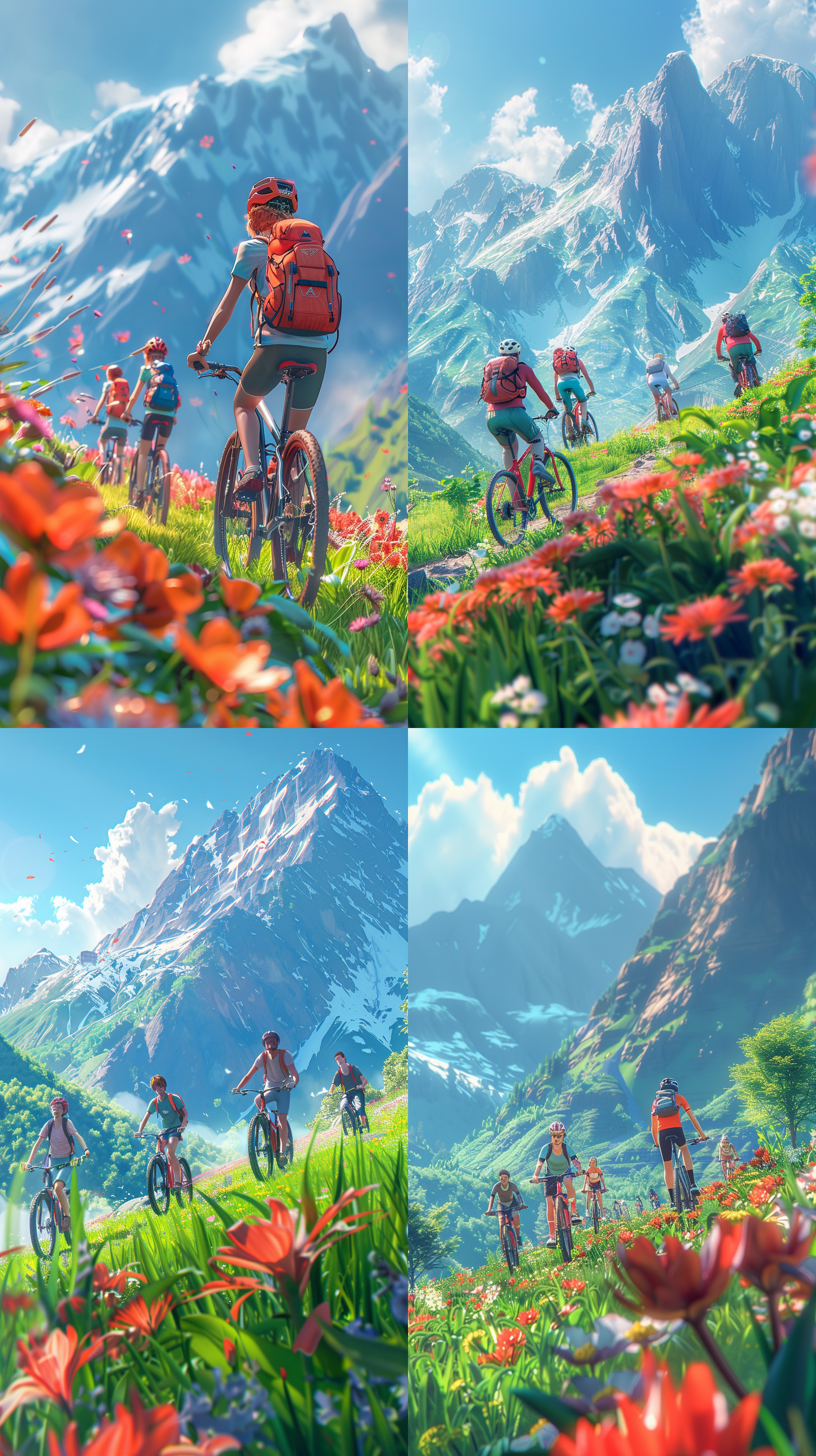 in summer, not a bit of snow, a close-up shot shows several college students riding mountain bikes, and the grass with flowers extends to green mountains. in front. the mountain is full of green plants, high-quality, masterpieces, master style telephoto shooting, oc renderer texture, epic scenes, film pictures, youth, vitality, high-quality, masterpieces