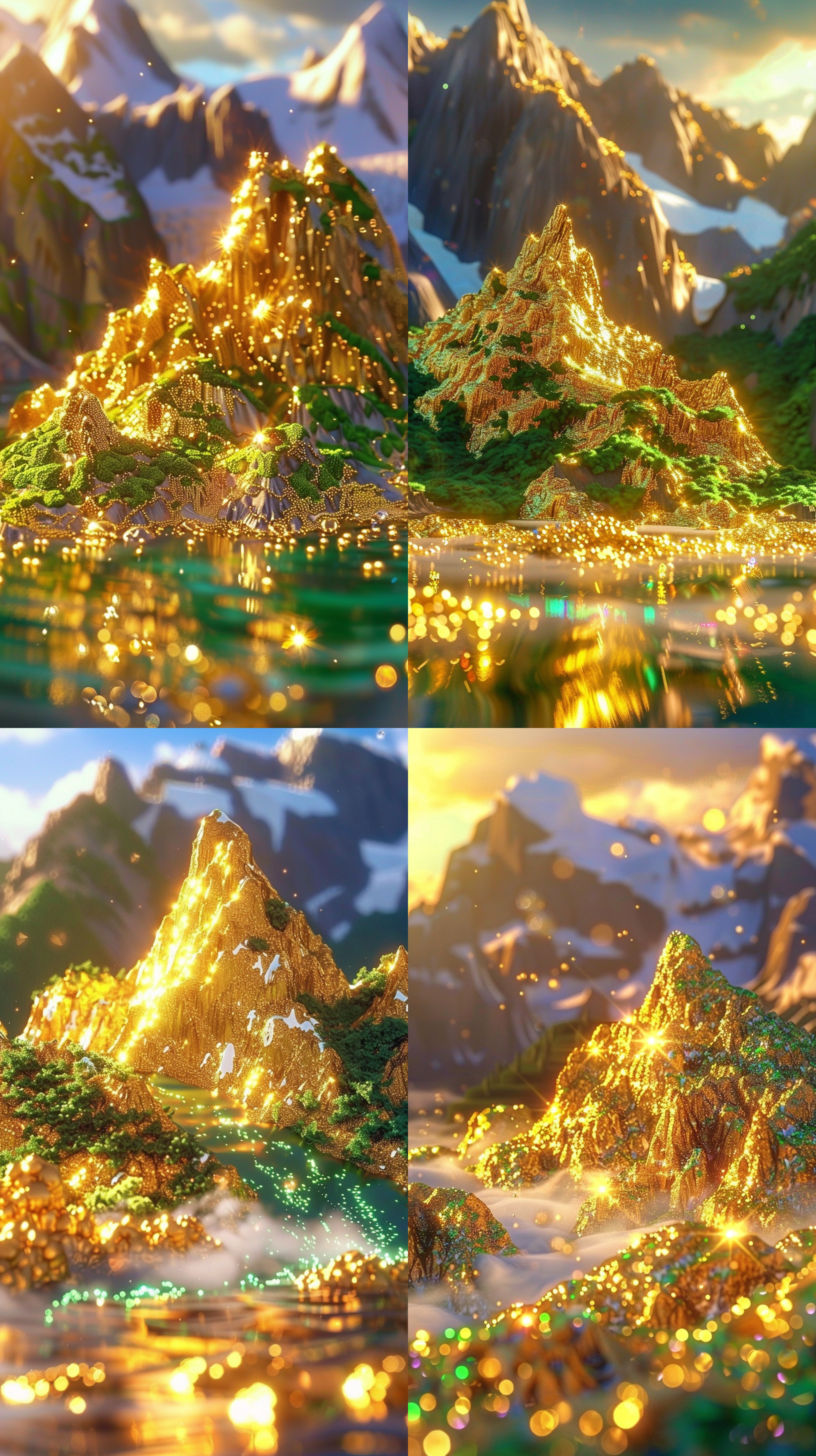 一座座金山，漫山遍野都是金银珠宝，细节清晰细腻，广角长焦镜头，8k，逆光，明亮对比，华丽，财富，野性，雄伟，金色调，喜悦。