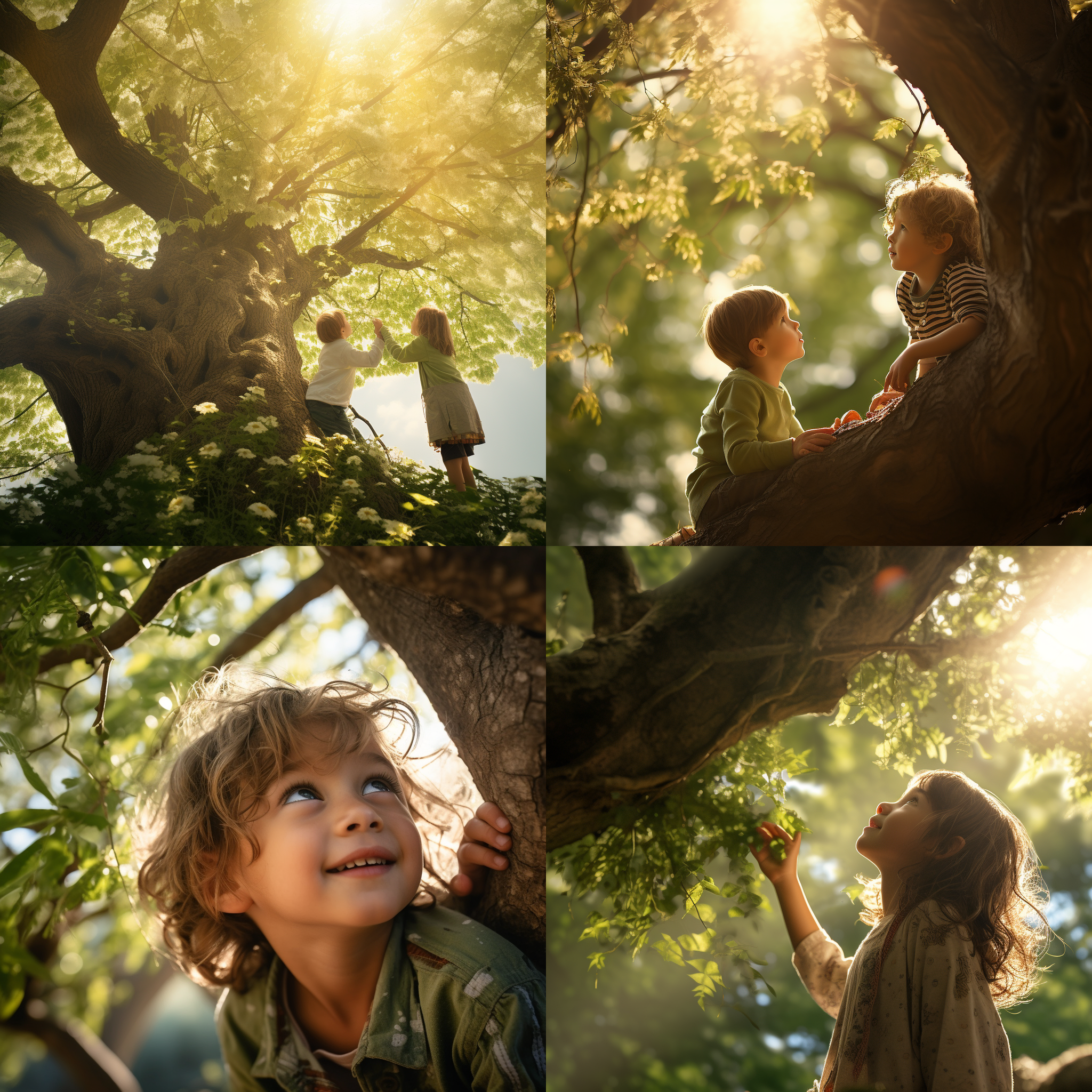 巨大老槐树，春季复苏，孩童欢乐，温馨场景，逆光拍摄，绿色盎然，柔和色调，抬头仰拍，自然光，微笑，活力四射。