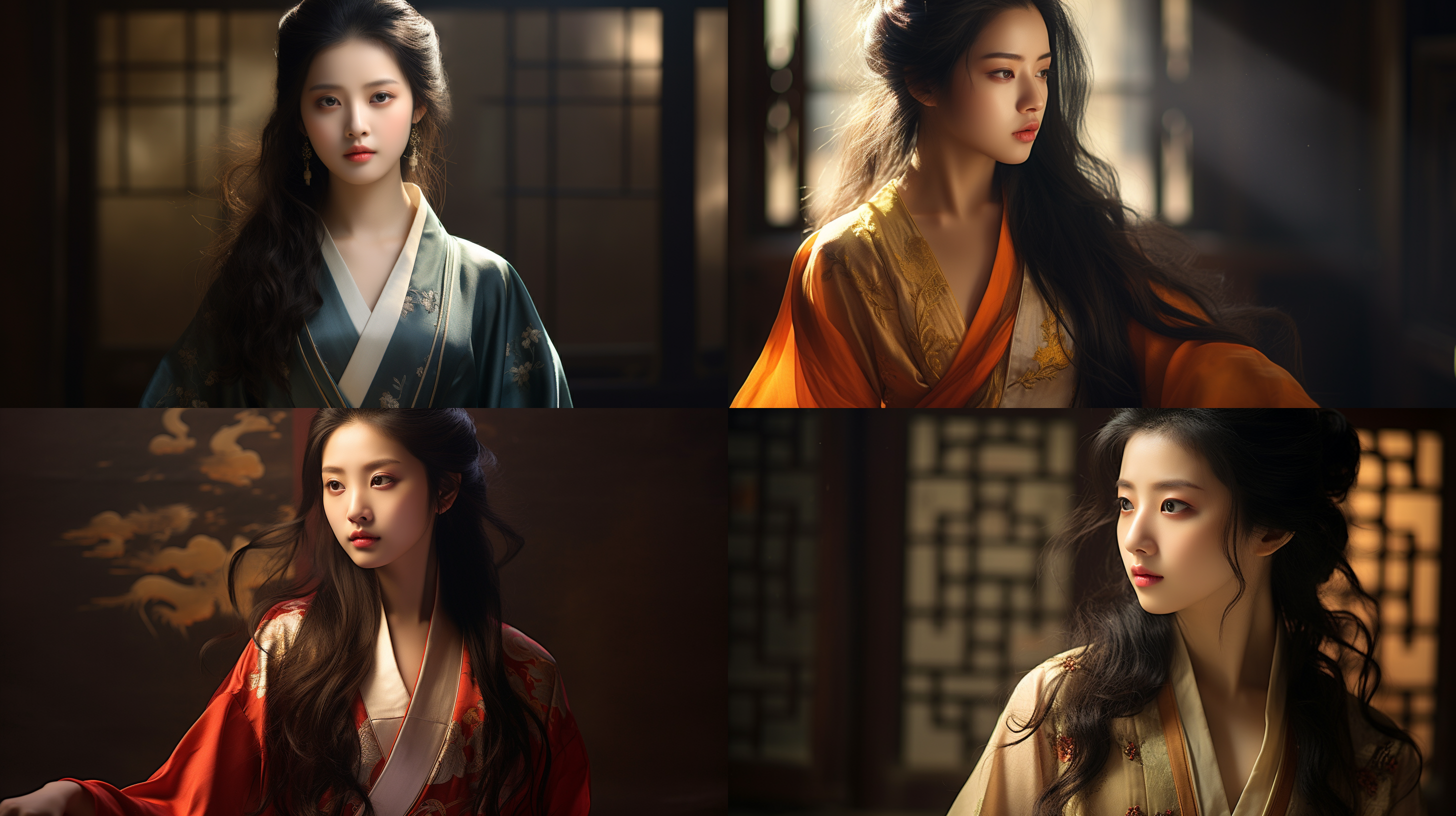 charm photography, oriental beauty, tang suit, long black hair, s-shaped figure, proud upper surround, pure, lively, three-part composition, side shot, focus, backlight, edge light, rembrandt lighting, sunny day, slr, extremely detailed, expressive, ultra-high definition, elegant temperament