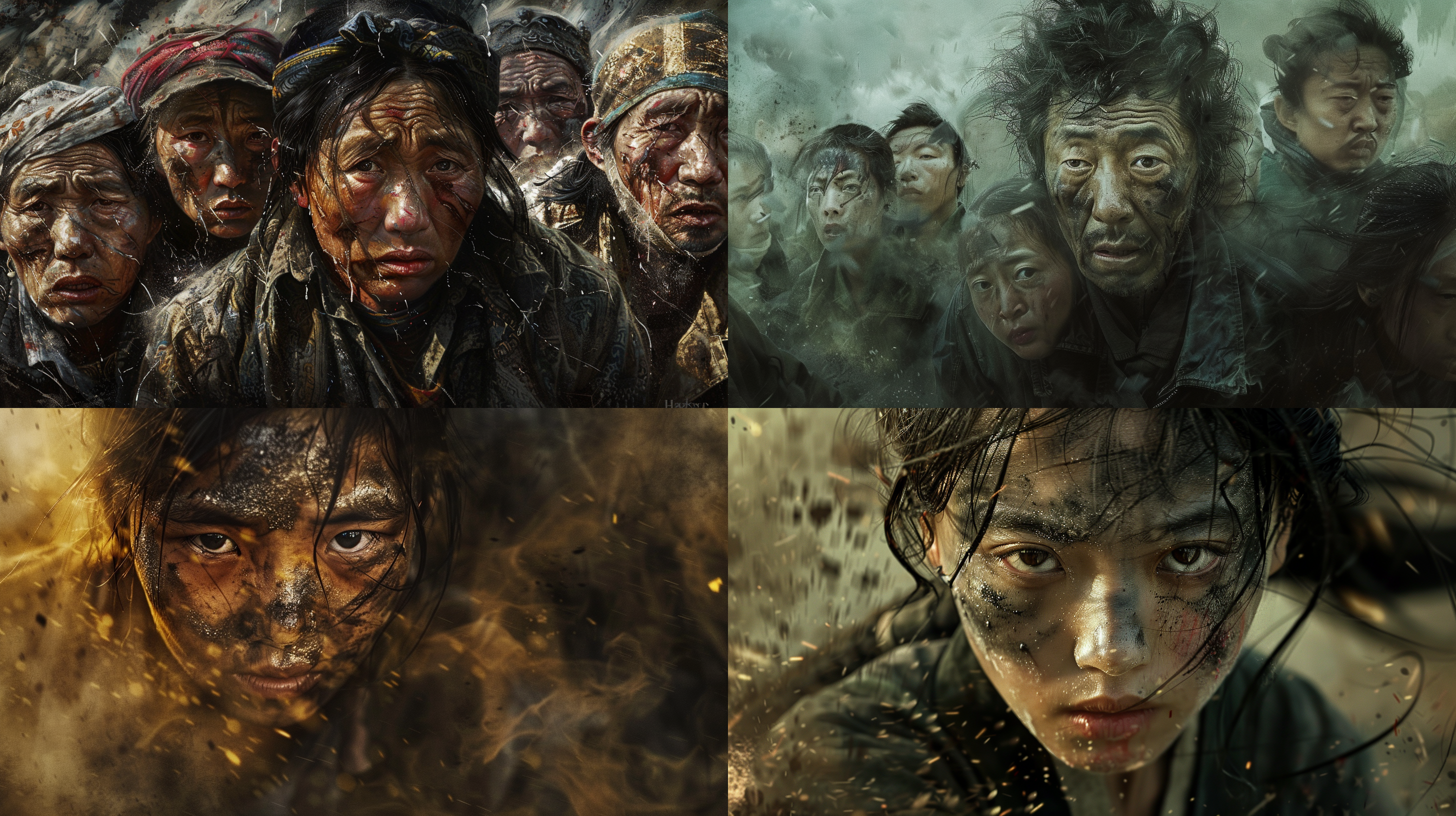 生活在苦难中的中国人，脸上都是灰尘，头发凌乱，衣服破烂，眼神渴望自由，抱着头痛苦的样子，高清细节，丰富的光源