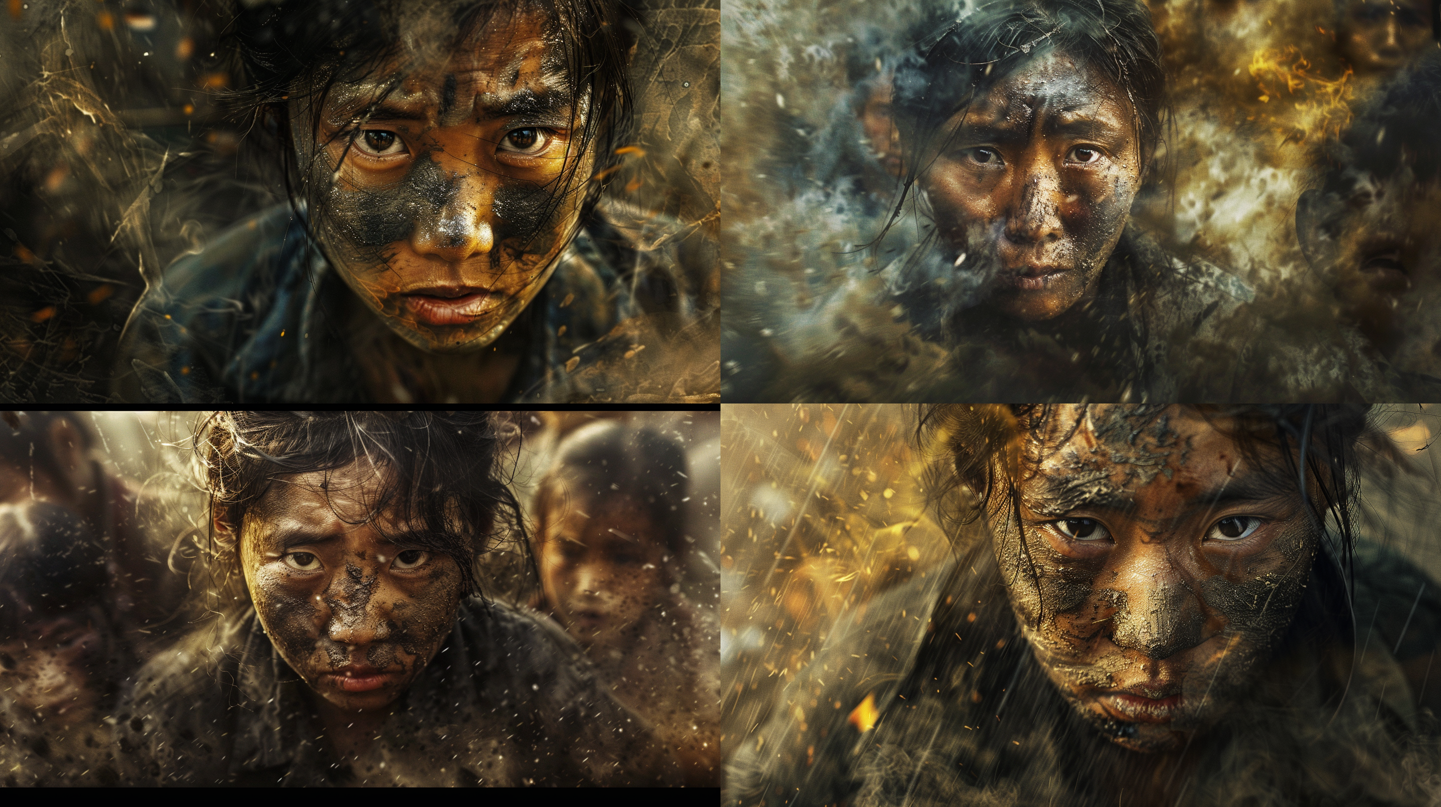 生活在苦难中的中国人，脸上都是灰尘，头发凌乱，衣服破烂，眼神渴望自由，抱着头痛苦的样子，高清细节，丰富的光源