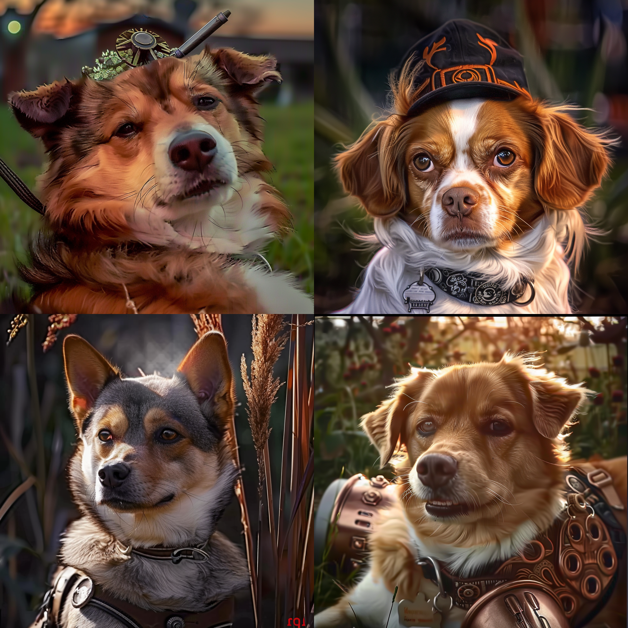 优雅的狗头，躺在花园中，微风拂过，夕阳余晖映照。背景虚化，焦距适中，低角