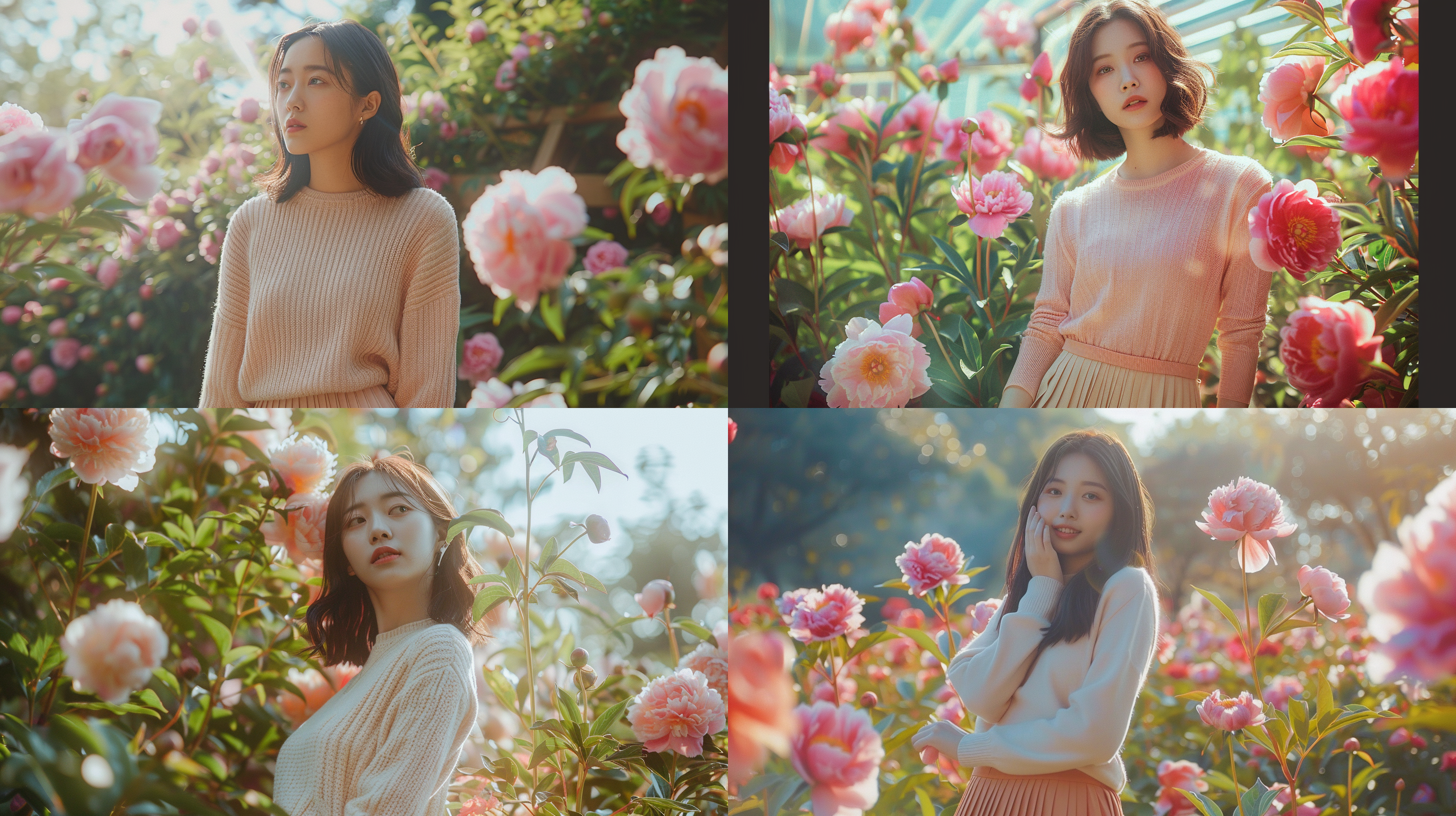 针织衫，百褶裙，运动鞋，20岁亚洲少女，阳光充足，高清摄影，全身照，活泼，牡丹花，户外摄影，花园为背景