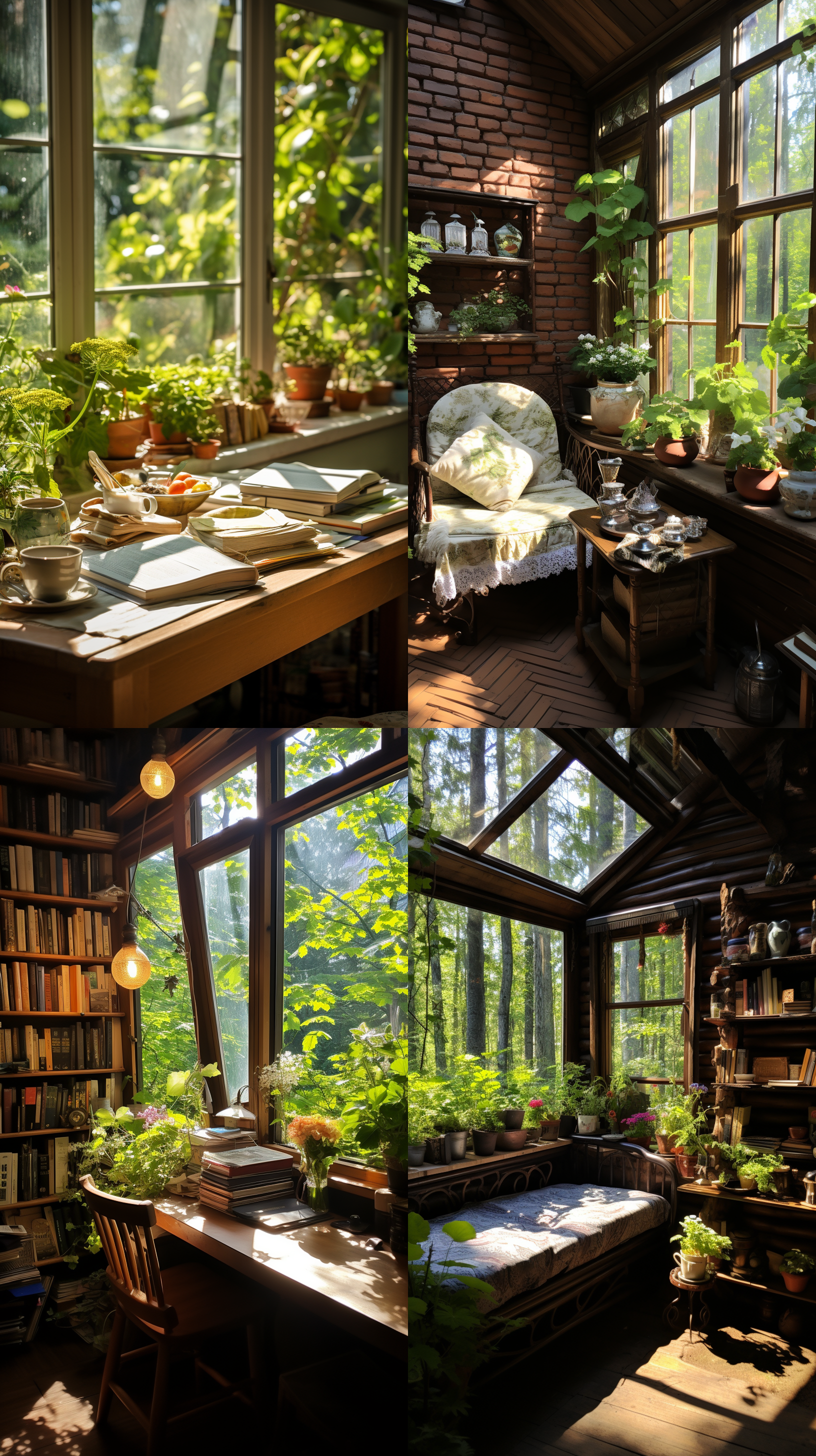 夏日的景园小屋，北窗处凉气很多。 小屋内，明亮的阳光透过北窗洒进来，照亮整个房间。房间布置简洁，一张木质桌子上摆放着一盆绿植和一本书。阳光投射在地板上，映出温暖的色调。 室内拍摄,自然光,温暖色调,明亮,简约布置,室内环境,木质家具,北窗景观。