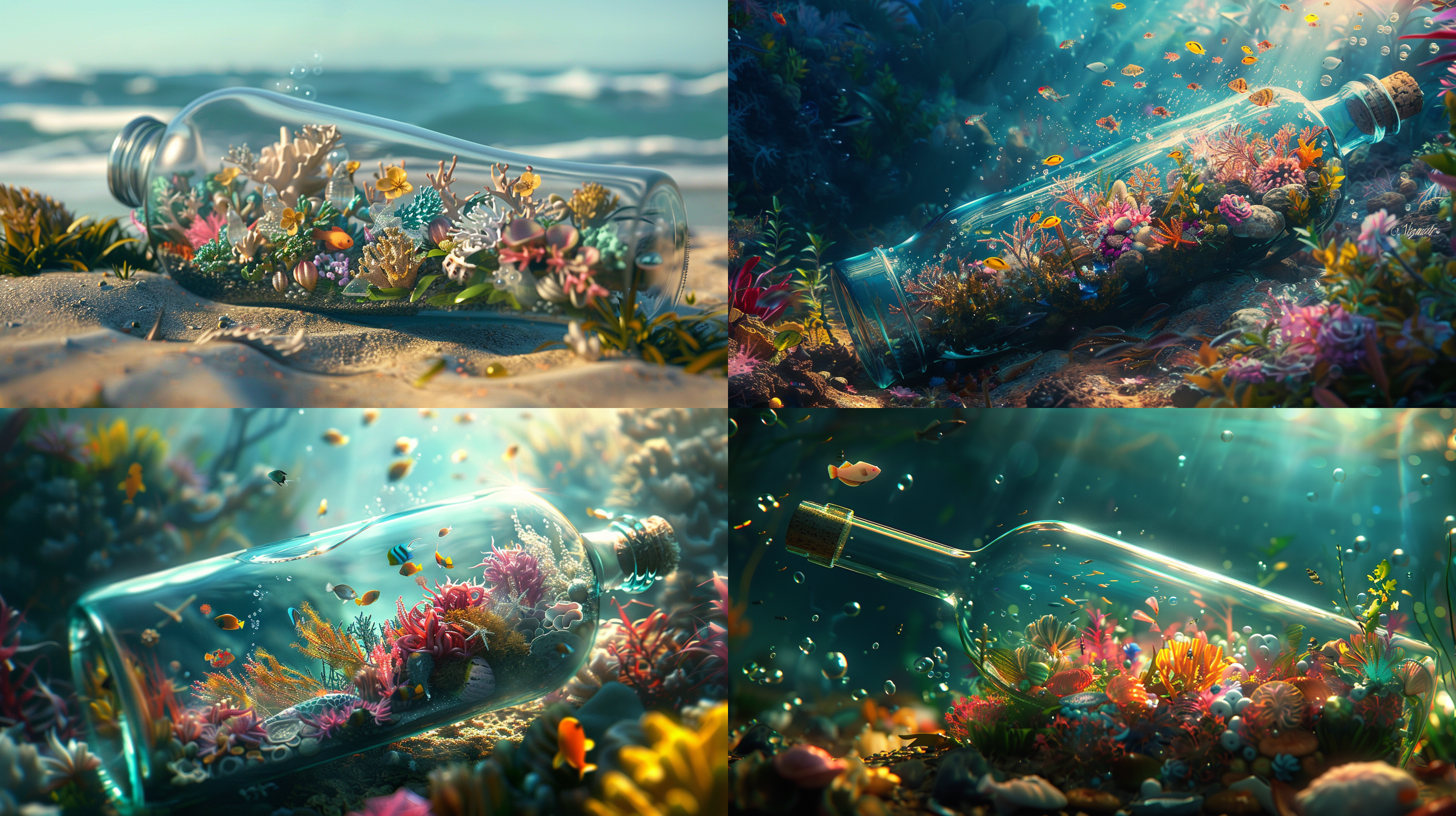 一个漂流瓶里，有一个海洋世界，里面有植物，有鱼，唯美，温馨，色彩鲜明，超高画质