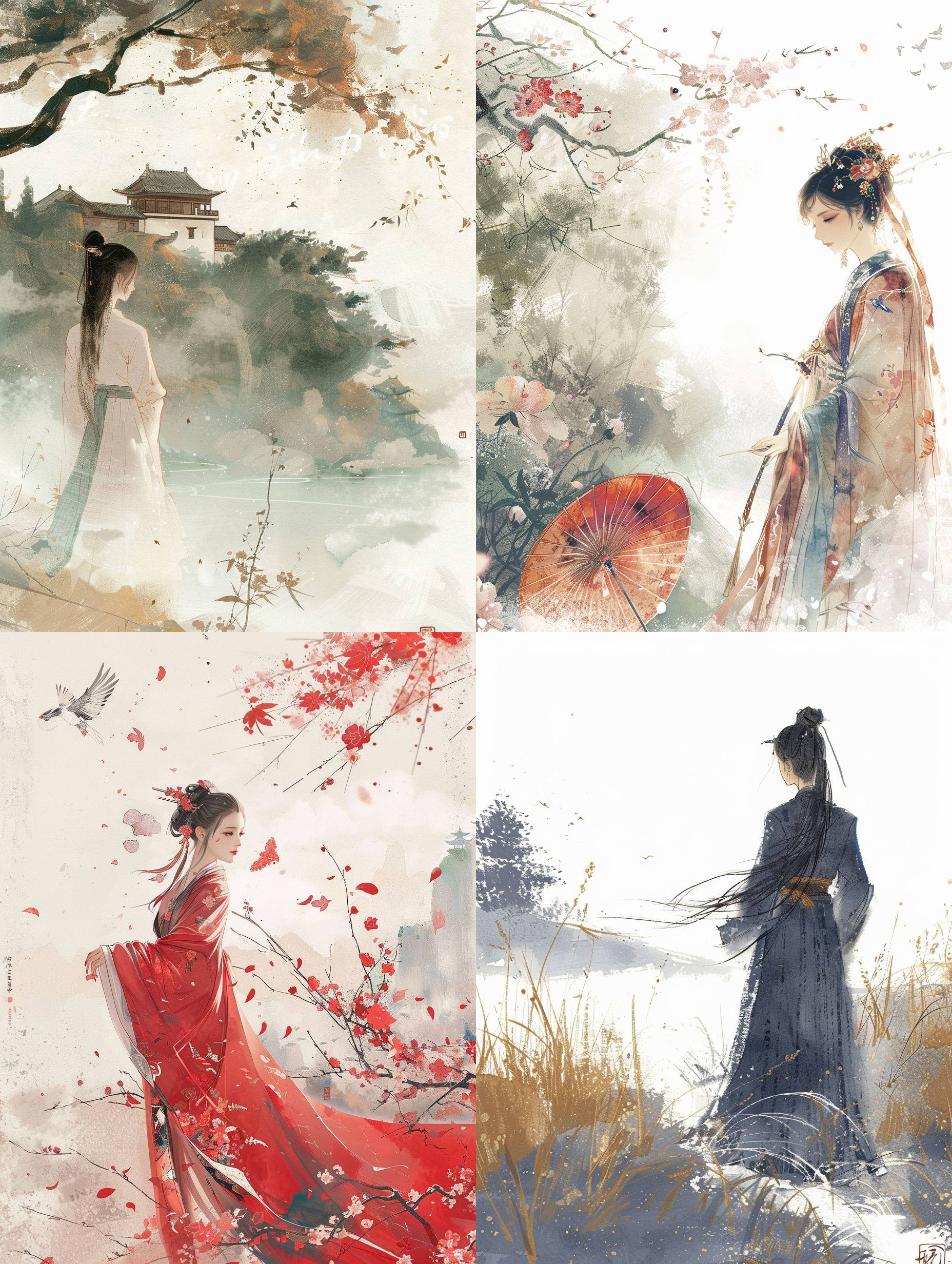 国风插画，山水画意境，古风服饰，细腻笔触，传统色彩，水墨效果，静谧氛围，自然元素，悠然情怀。