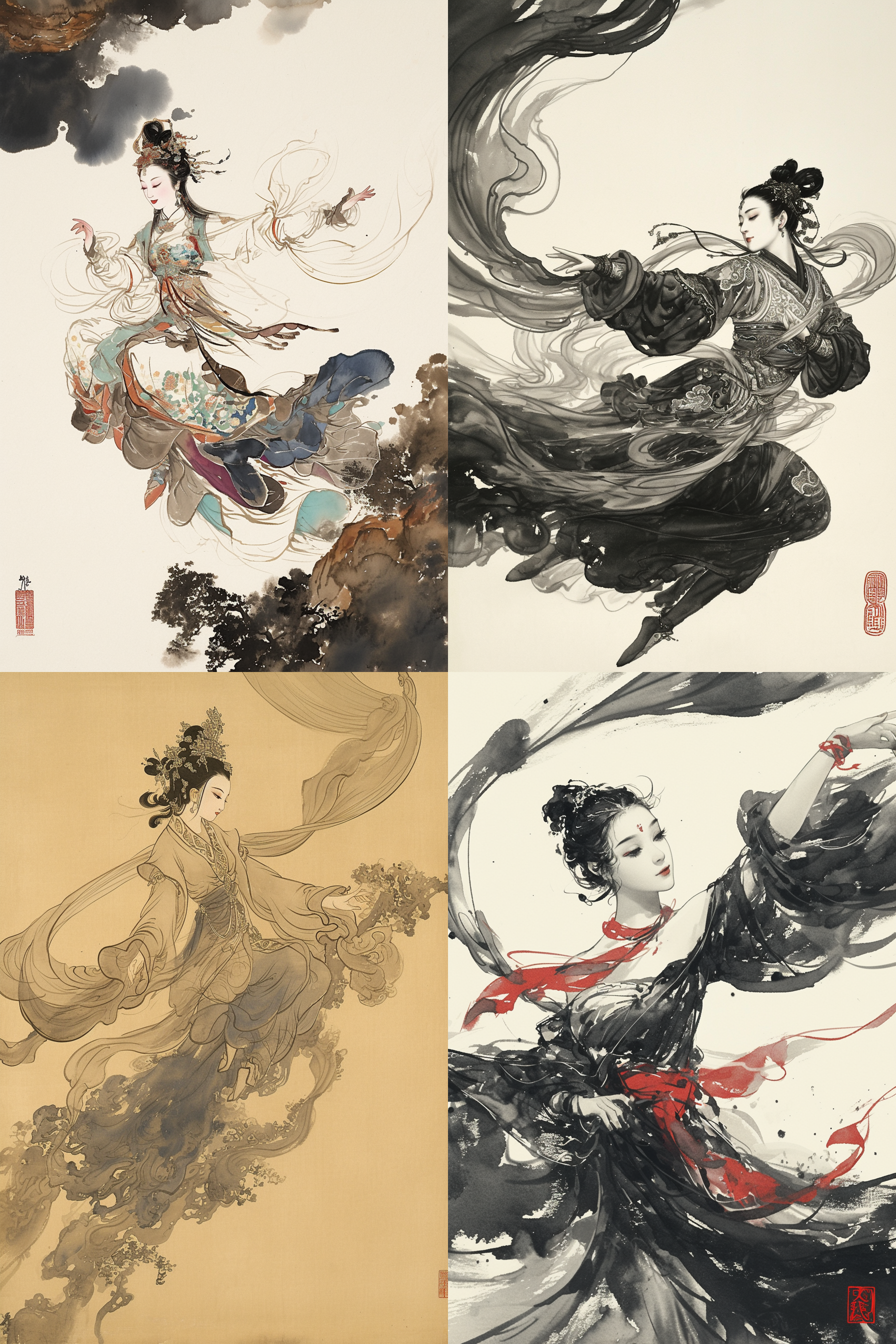 chinese ink freehand painting, a beautiful dancer in ancient times, flying sky in dunhuang mogao grottoes, by gu kaizhi, zhang xuan,