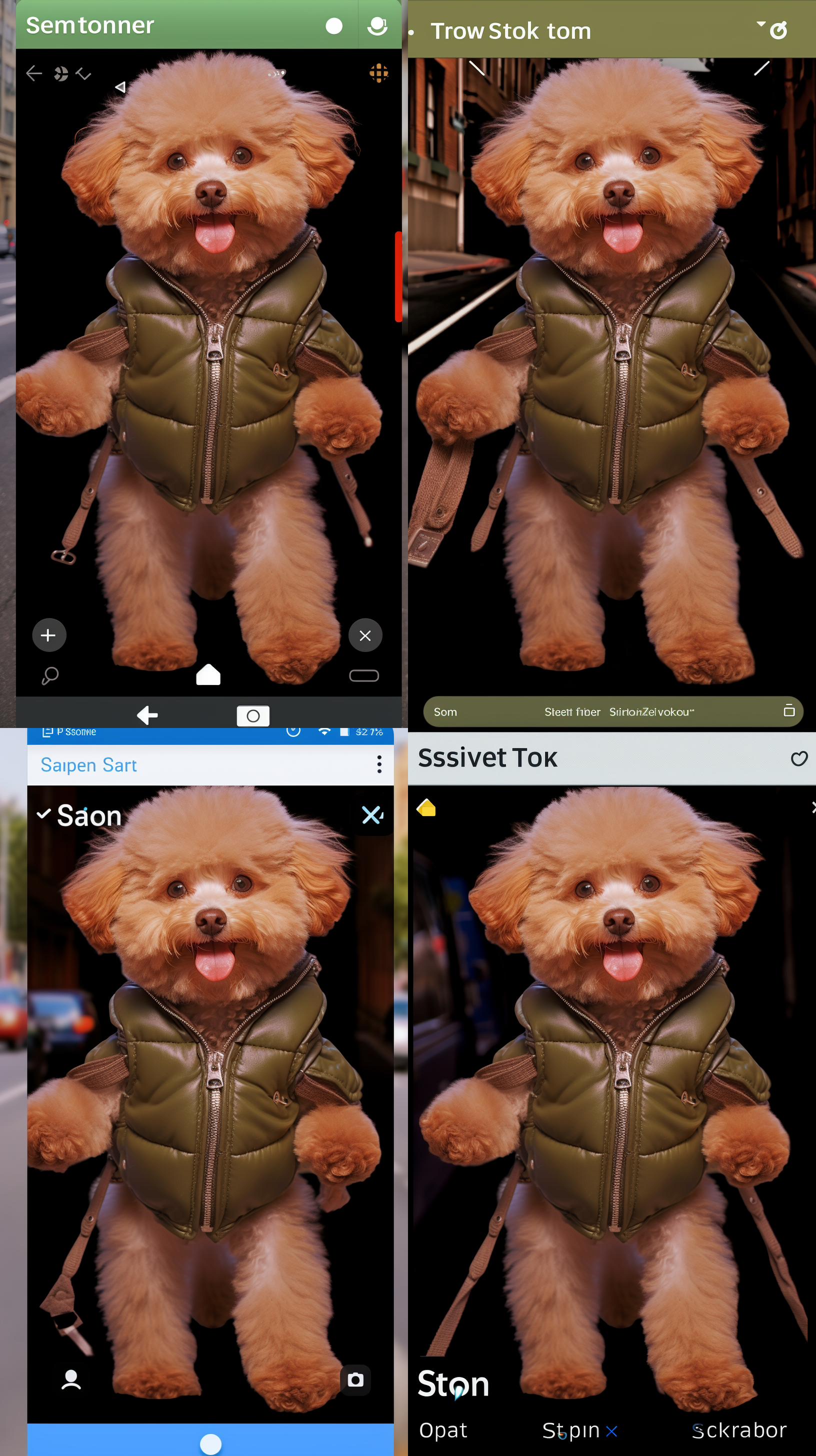小狗溜达，街景背景，柔和明亮，中焦距镜头，俯视角度，拖影效果，毛发细节，欢快表情，中性色调，好奇心。
