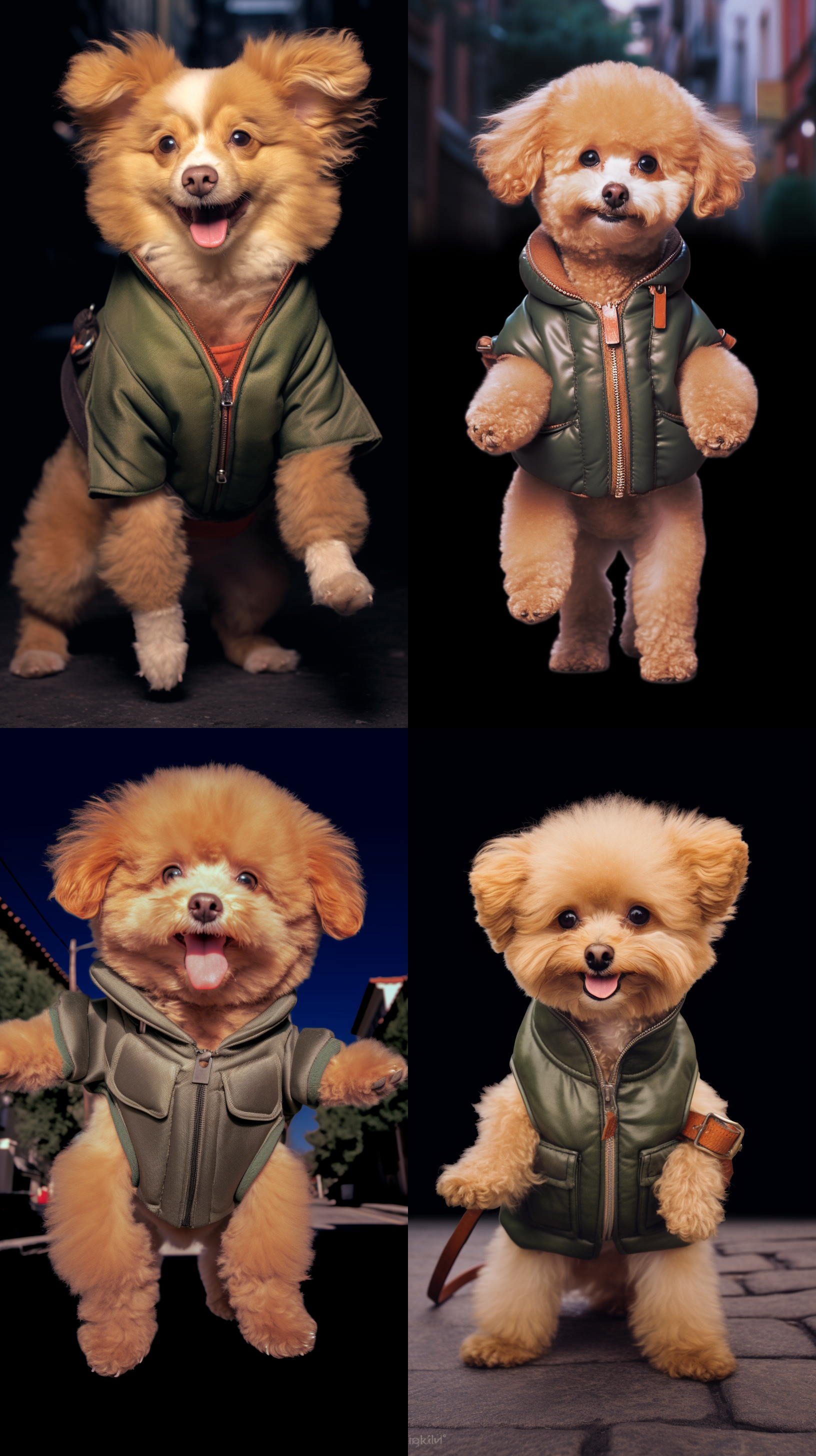 小狗溜达，街景背景，柔和明亮，中焦距镜头，俯视角度，拖影效果，毛发细节，欢快表情，中性色调，好奇心。