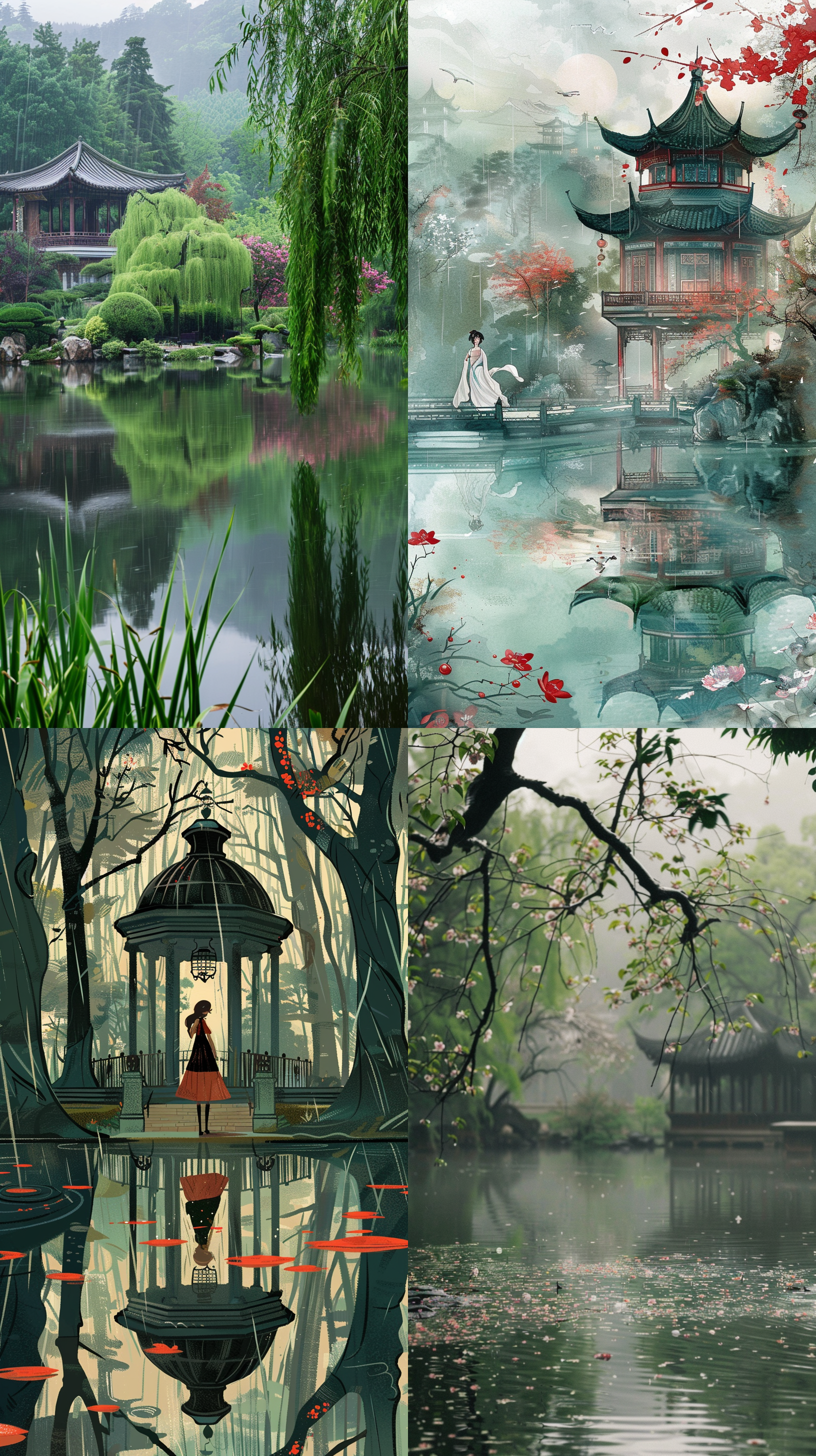 古典园林清晨景象，湖面倒影柳树与亭台楼阁，细雨洗刷绿意盎然，海棠花盛放晨光中，柔美红晕与绿色对比，女子卷帘期待目光，柔和明亮色调，光影立体梦幻，细节清晰高清视觉效果。