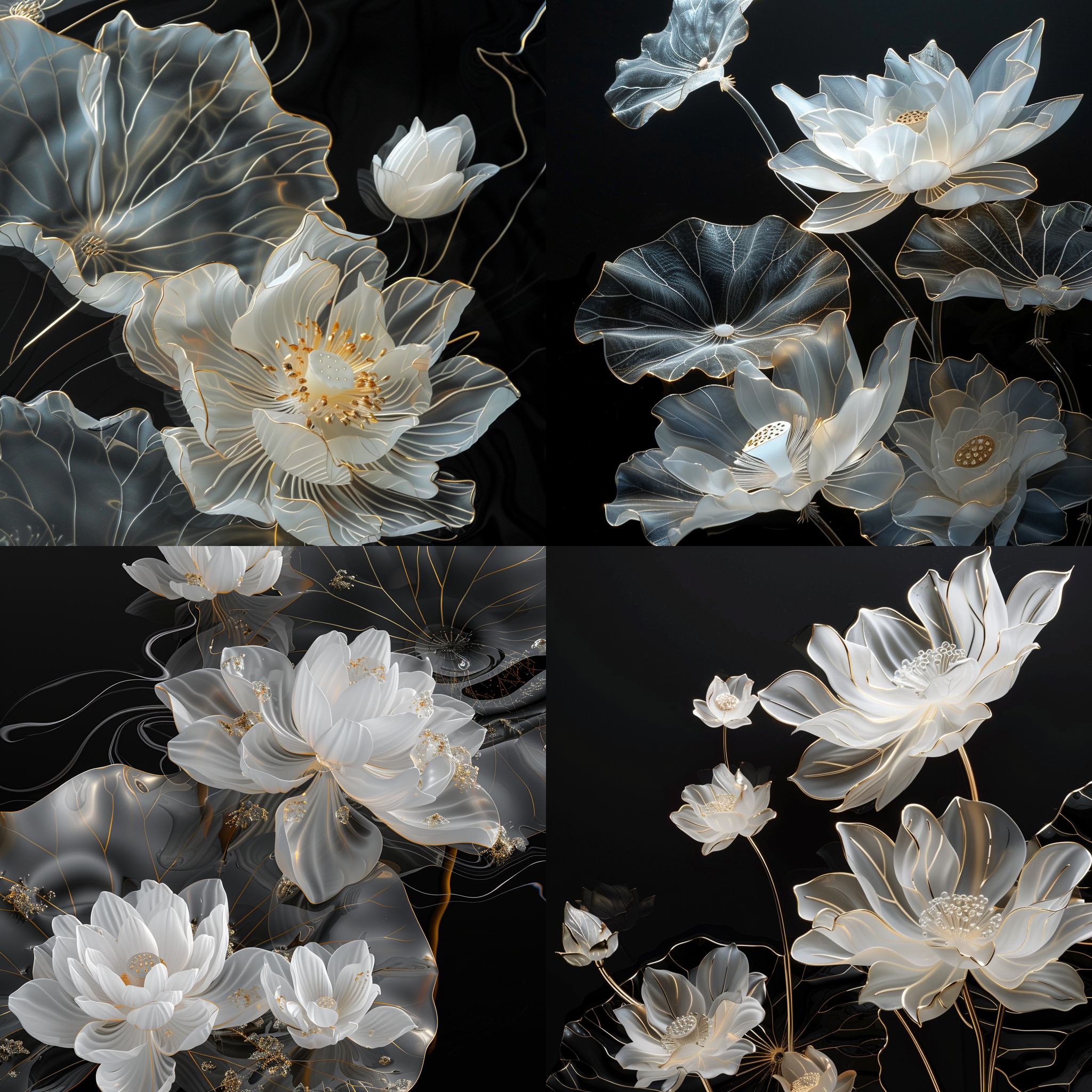 荷花和荷叶，黑色背景，梦幻细节风格，主体位于屏幕底部，白色和深金色，超现实水面，玻璃雕塑，特写，空灵插画，轻薄面料，细腻。