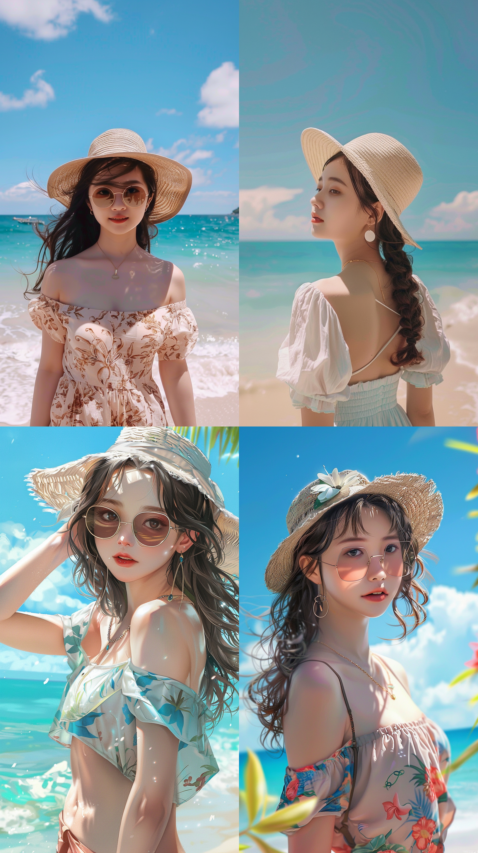 在海边旅游的中国女孩通常会穿着轻便、舒适的衣服，如短裤、连衣裙、t恤等。她们可能会搭配一些海滩风格的配饰，如太阳镜、帽子、沙滩包等。她们通常会选择在阳光明媚的日子里前往海边，享受阳光、沙滩和海风的惬意。 在海边旅游的场景图中，女孩们可能会在沙滩上嬉戏、玩沙、游泳、冲浪或者只是静静地欣赏海景。她们可能会拍一些美丽的照片，留下美好的回忆。 此外，女孩们可能会与家人、朋友或者恋人一起旅行，共同享受海边旅游的乐趣。这些场景图也展示了她们之间的亲密关系和欢乐氛围。 总之，中国女孩在海边旅游的场景图中通常会展现出轻松、愉悦和欢乐的气氛，与海边的美景相得益彰。