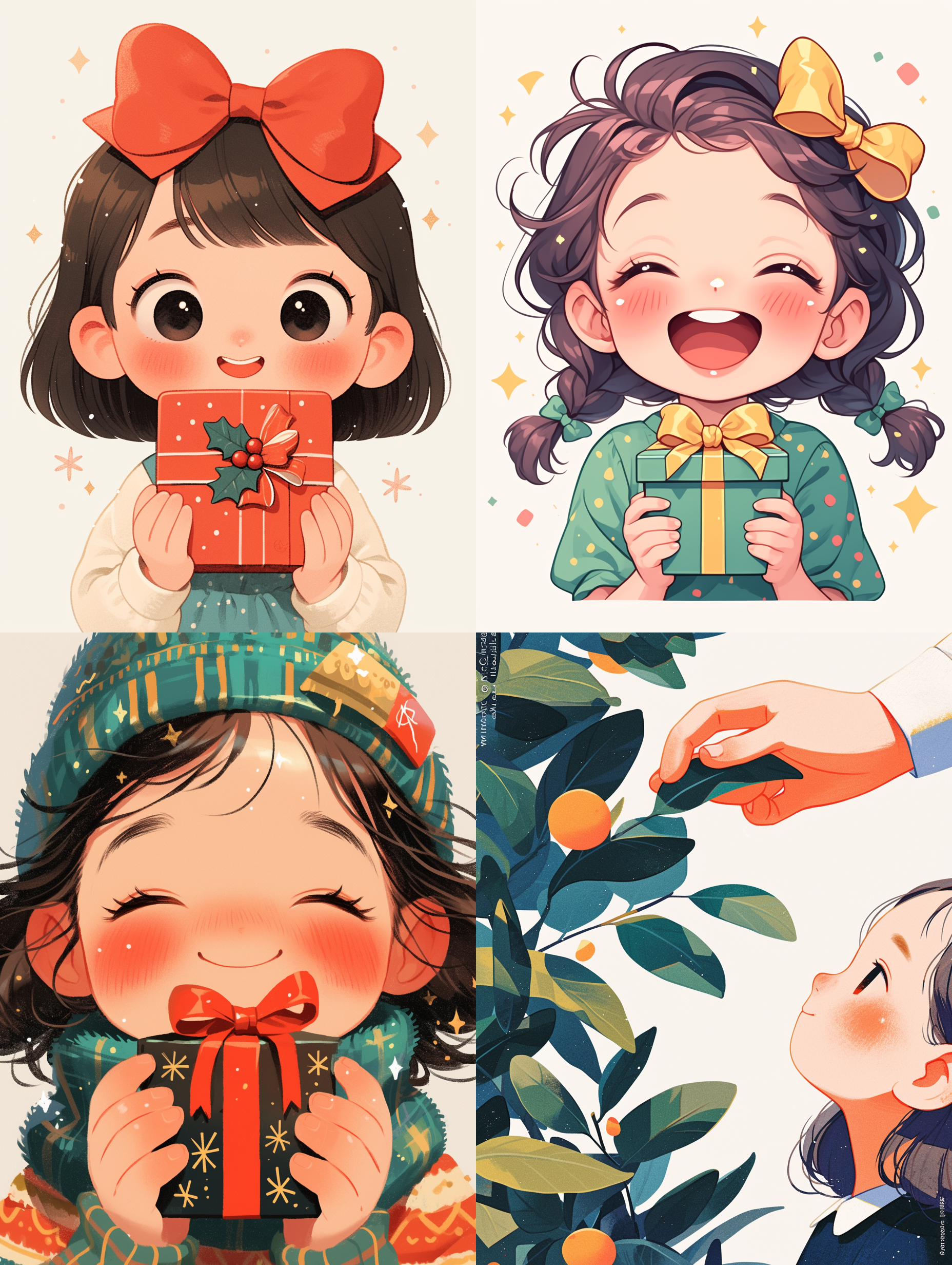 儿童插画，极简风格，白色背景，明亮配色，礼物盒，矢量图，简洁线条，可爱表情，欢乐，纯真，活泼。