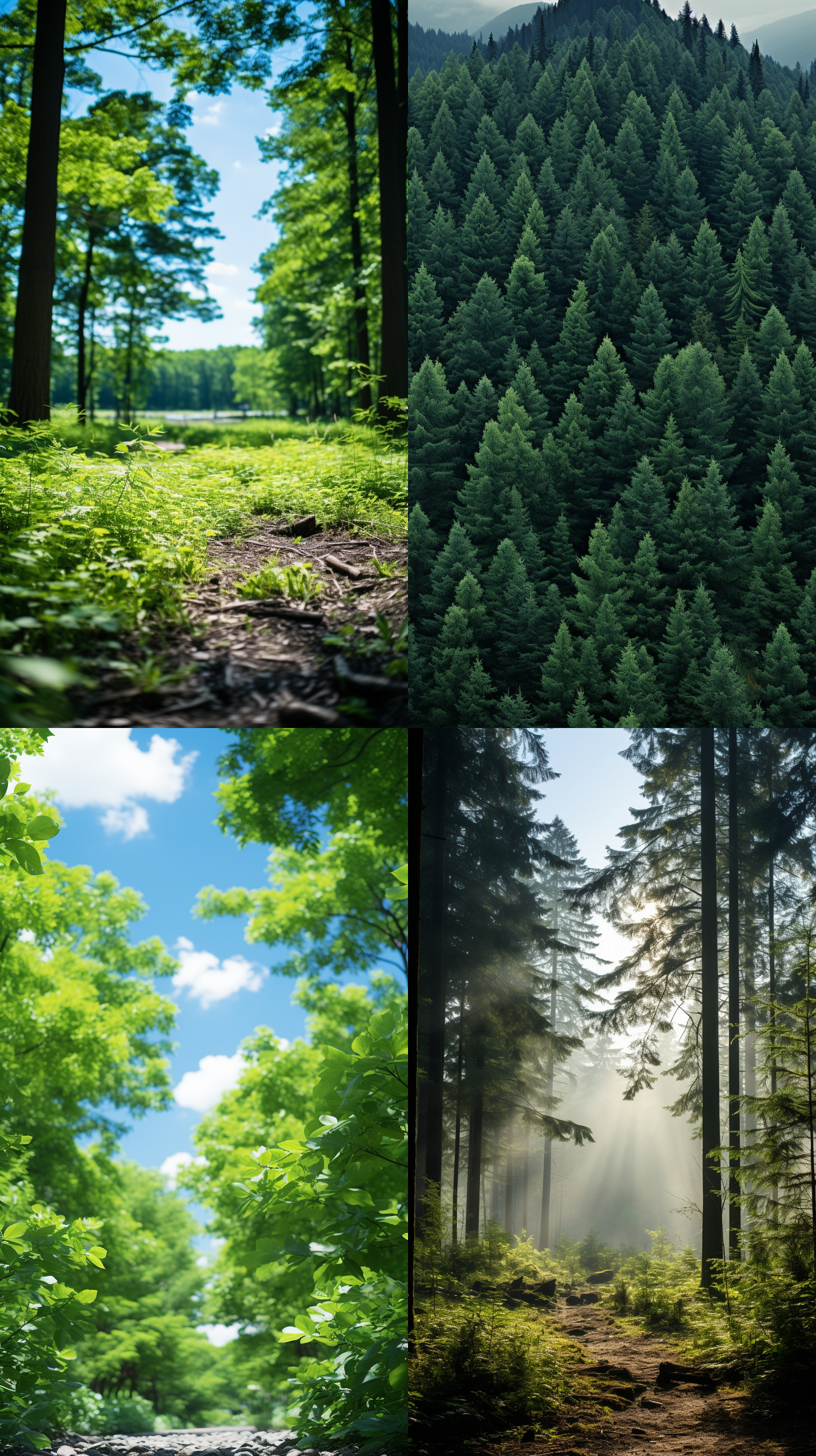 茂密树木，白天，阴凉，夏云，高高，森林，大光圈，长焦镜头，逆光，柔和，静谧，自然，绿色，轻松。