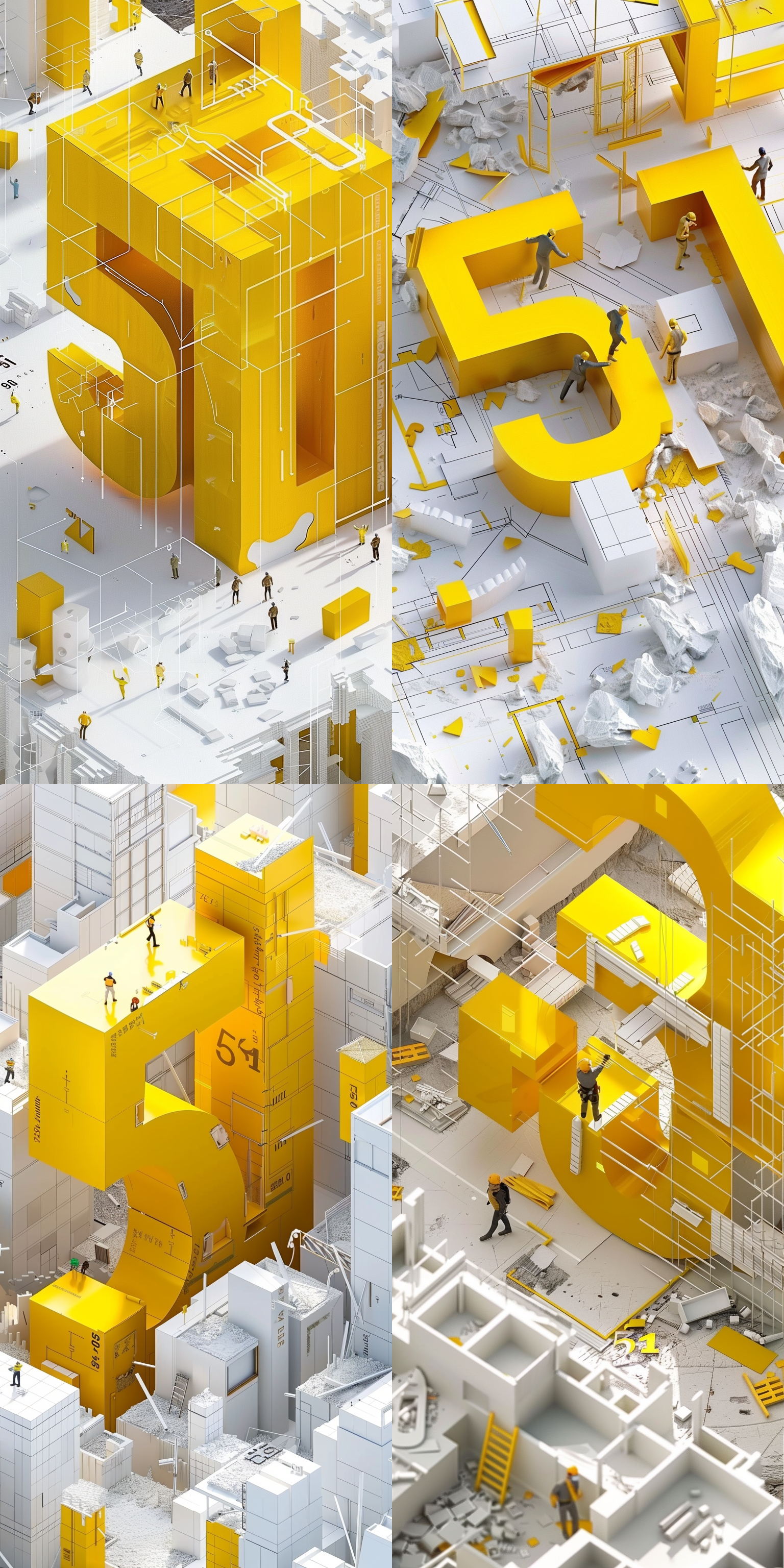 the main body of the picture is a huge three-dimensional 3d yellow number "51" the ground is composed of white architectural drawing some people are directing the construction, there are some scattered bricks on the ground