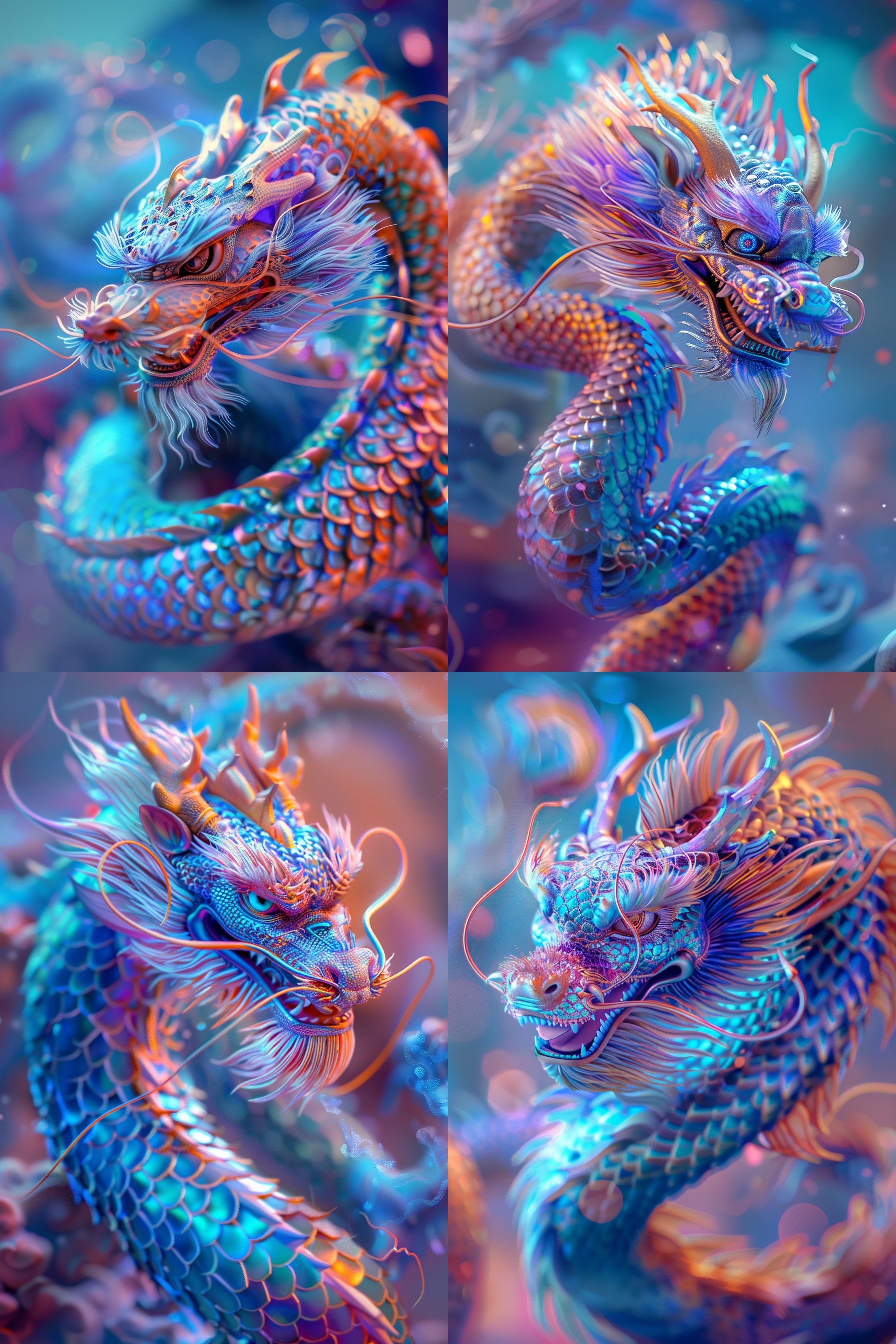 中国龙,超现实主义风格,背景缤纷多彩,冷色调,32k高清,青色龙鳞,飞翔动作,雄伟威武,庄严肃穆,神秘力量,沧桑岁月,光影交织。