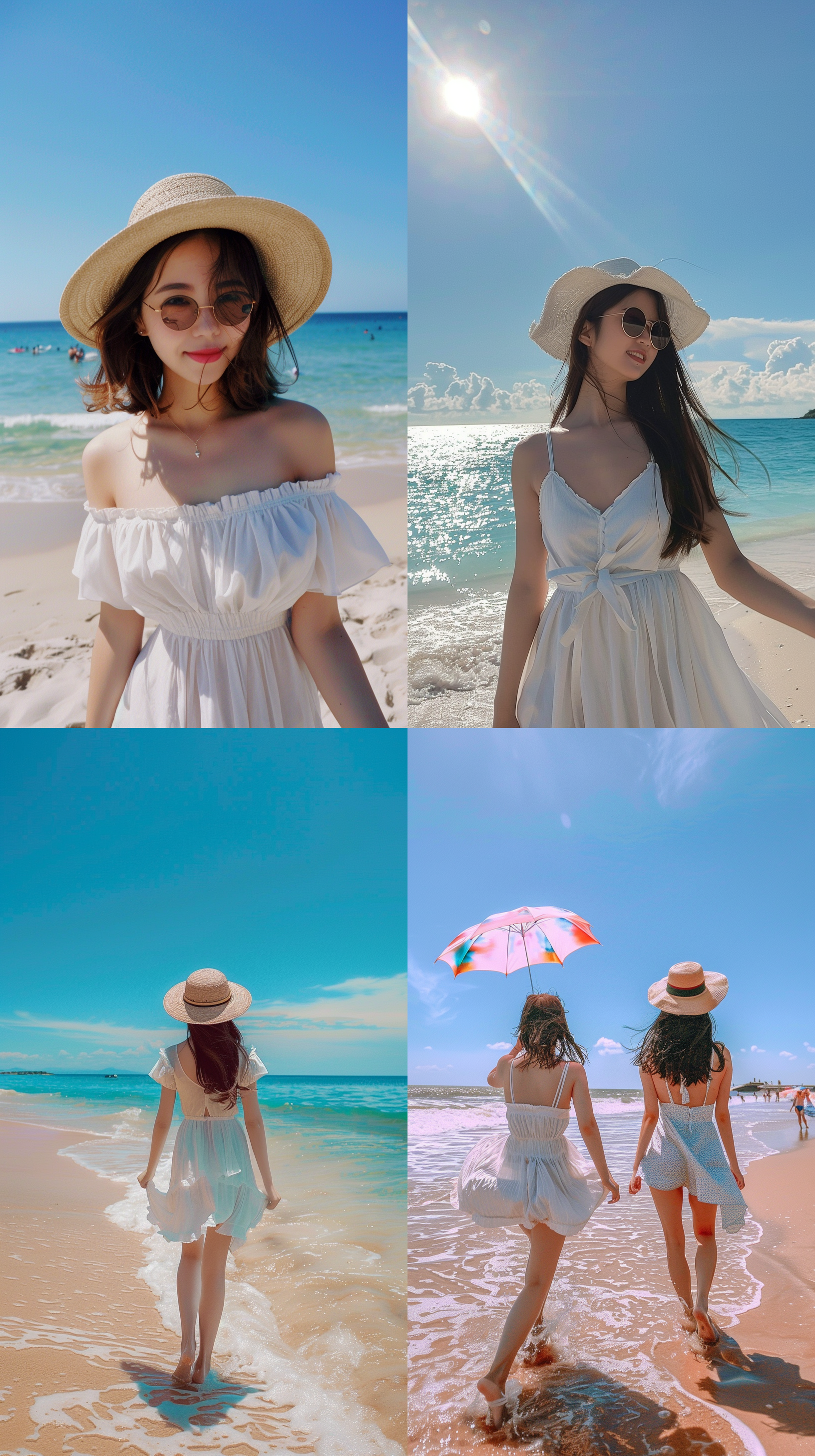 在海边旅游的中国女孩通常会穿着轻便、舒适的衣服，如短裤、连衣裙、t恤等。她们可能会搭配一些海滩风格的配饰，如太阳镜、帽子、沙滩包等。她们通常会选择在阳光明媚的日子里前往海边，享受阳光、沙滩和海风的惬意。 在海边旅游的场景图中，女孩们可能会在沙滩上嬉戏、玩沙、游泳、冲浪或者只是静静地欣赏海景。她们可能会拍一些美丽的照片，留下美好的回忆。 此外，女孩们可能会与家人、朋友或者恋人一起旅行，共同享受海边旅游的乐趣。这些场景图也展示了她们之间的亲密关系和欢乐氛围。 总之，中国女孩在海边旅游的场景图中通常会展现出轻松、愉悦和欢乐的气氛，与海边的美景相得益彰。