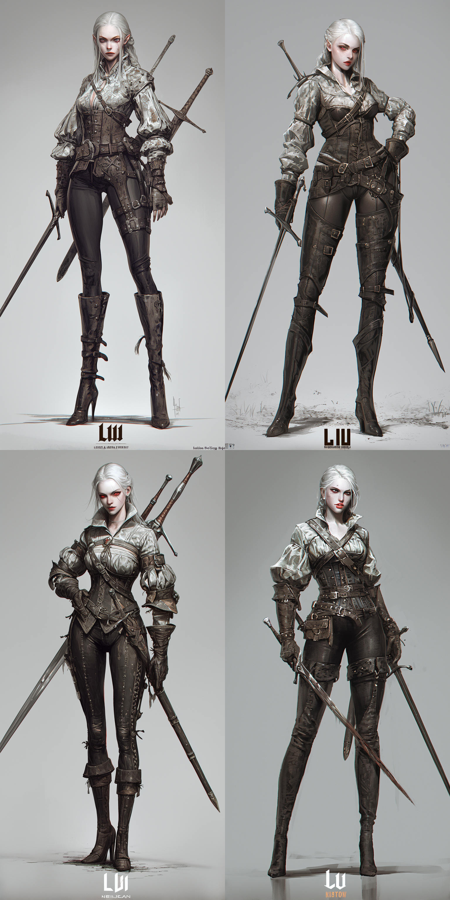 vampire，women，红色眼睛，白色头发，苍白的皮肤，剑，骑士盔甲，黑色丝袜，高跟鞋，哥特城堡内，奇幻，真实比例，阴暗的色调，邪恶的气质，6k 虚幻引擎 三维 oc渲染器