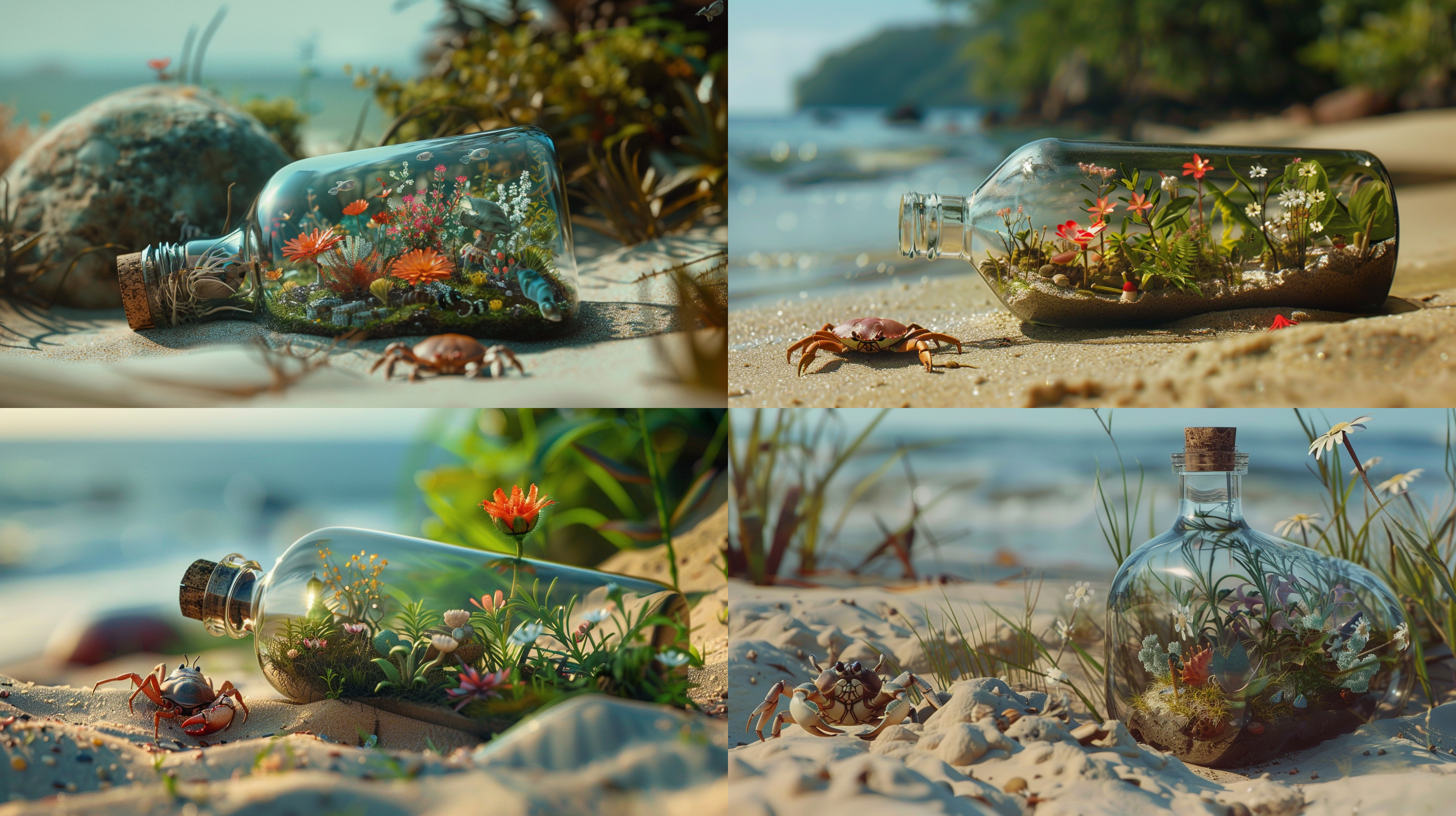 在撒海滩上有一个玻璃瓶，玻璃瓶里装着一座森林，里面有动物，有花，有植物，玻璃瓶旁边有一只螃蟹，瓶子特写，细节提升，最高画质
