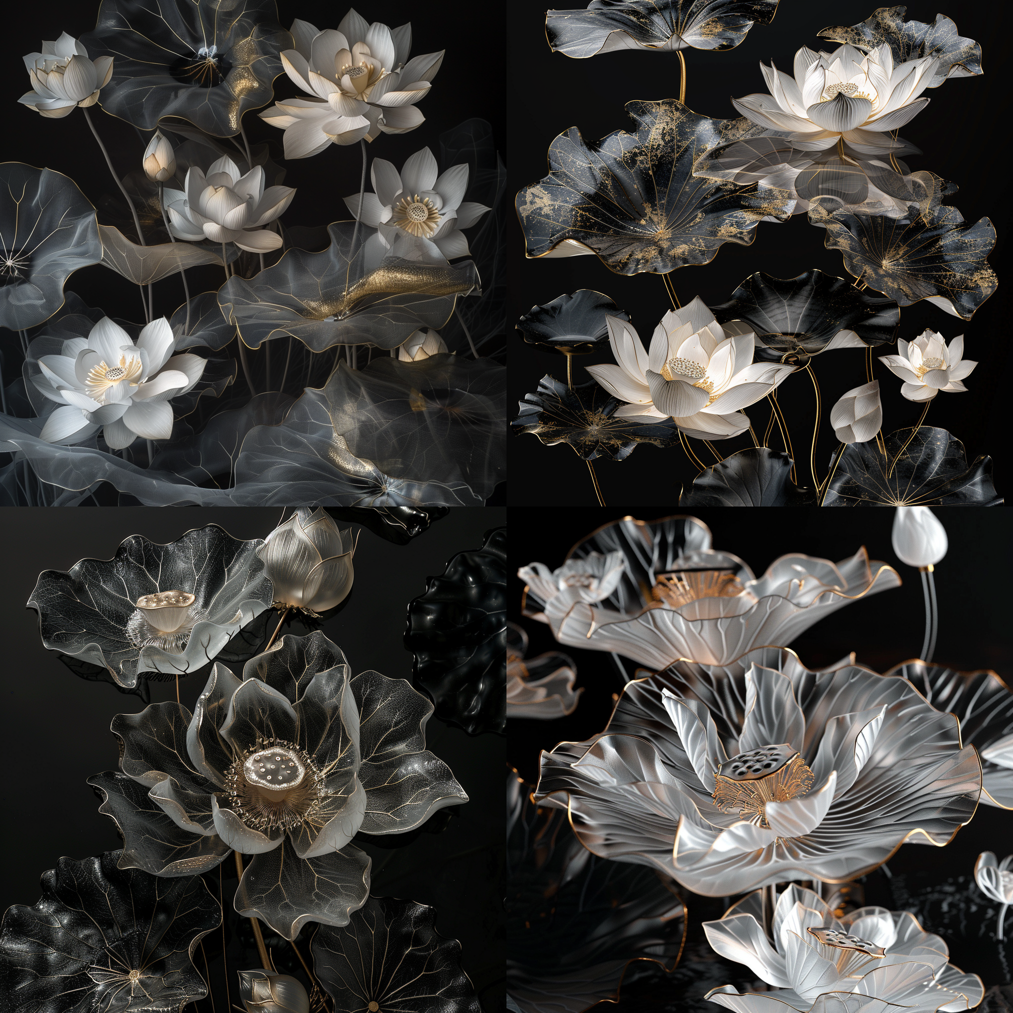 lotus and lotus leaves on a black background, in the style of detailed dreamscapes, the subject occupies the bottom of the screen, dark white and dark gold, hyper-realistic water, glass sculptures, close up, ethereal illustrations, gossamer fabrics