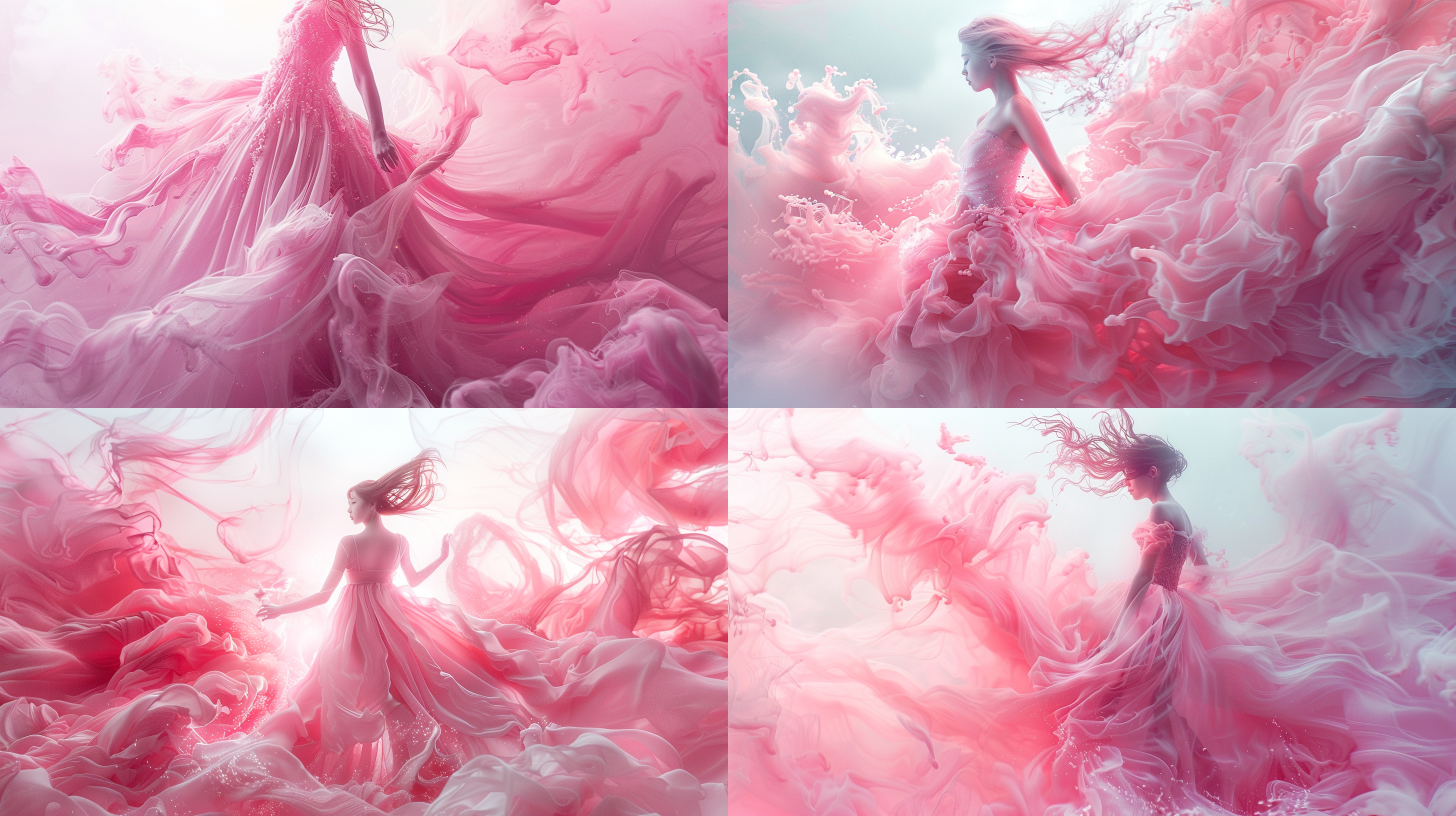 图片只有淡粉色和白色，淡粉色，淡粉色颜料晕染成分层的裙子，粉白的少女，分层透明渐变效果，白色背景，透明琉璃材质，高清，8k 微观视角 粉白 玻璃 明亮的