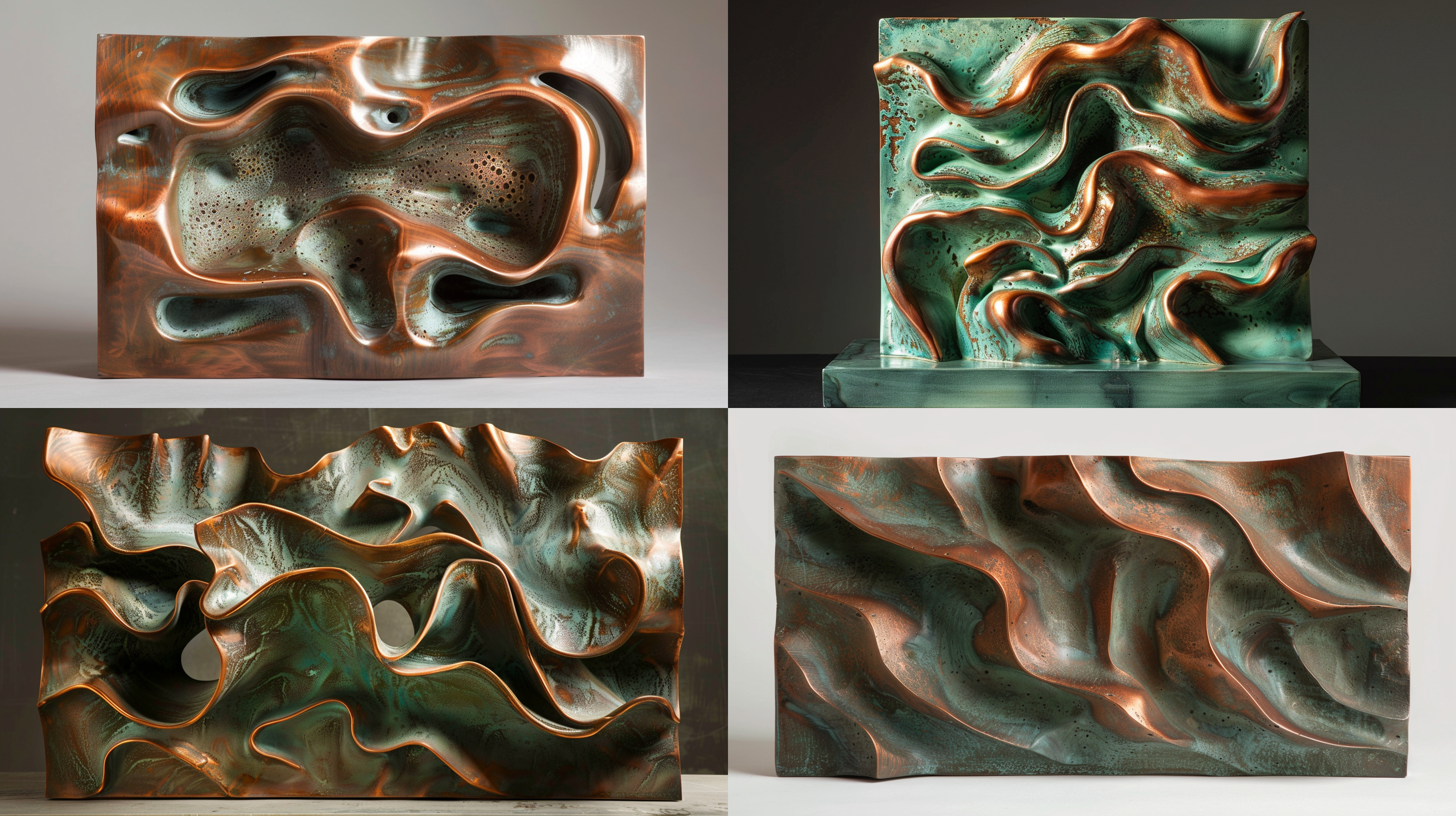 当代雕塑，流体动力学构图，浅浮雕，红铜材料，氧化铜绿色效果，金色，方形构图，中型镜头，侧光，细节表现，凝固的动感，凝重。