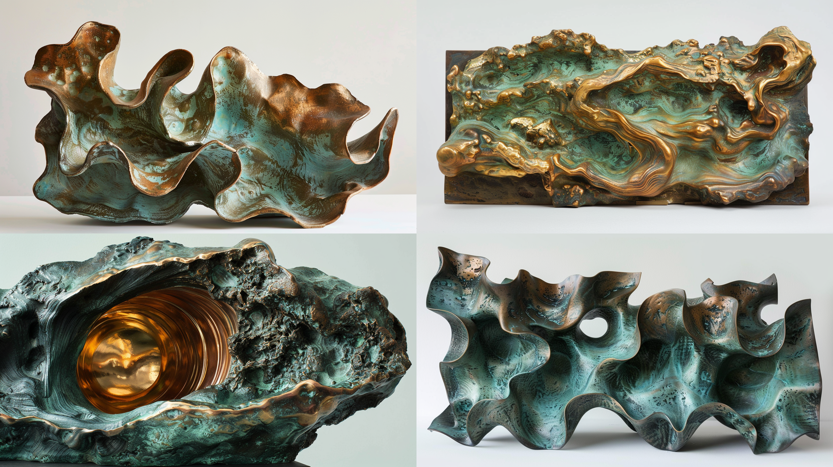 当代雕塑，流体动力学构图，浅浮雕，红铜材料，氧化铜绿色效果，金色，异型结构，中型镜头，侧光，细节表现，凝固的动感，凝重。