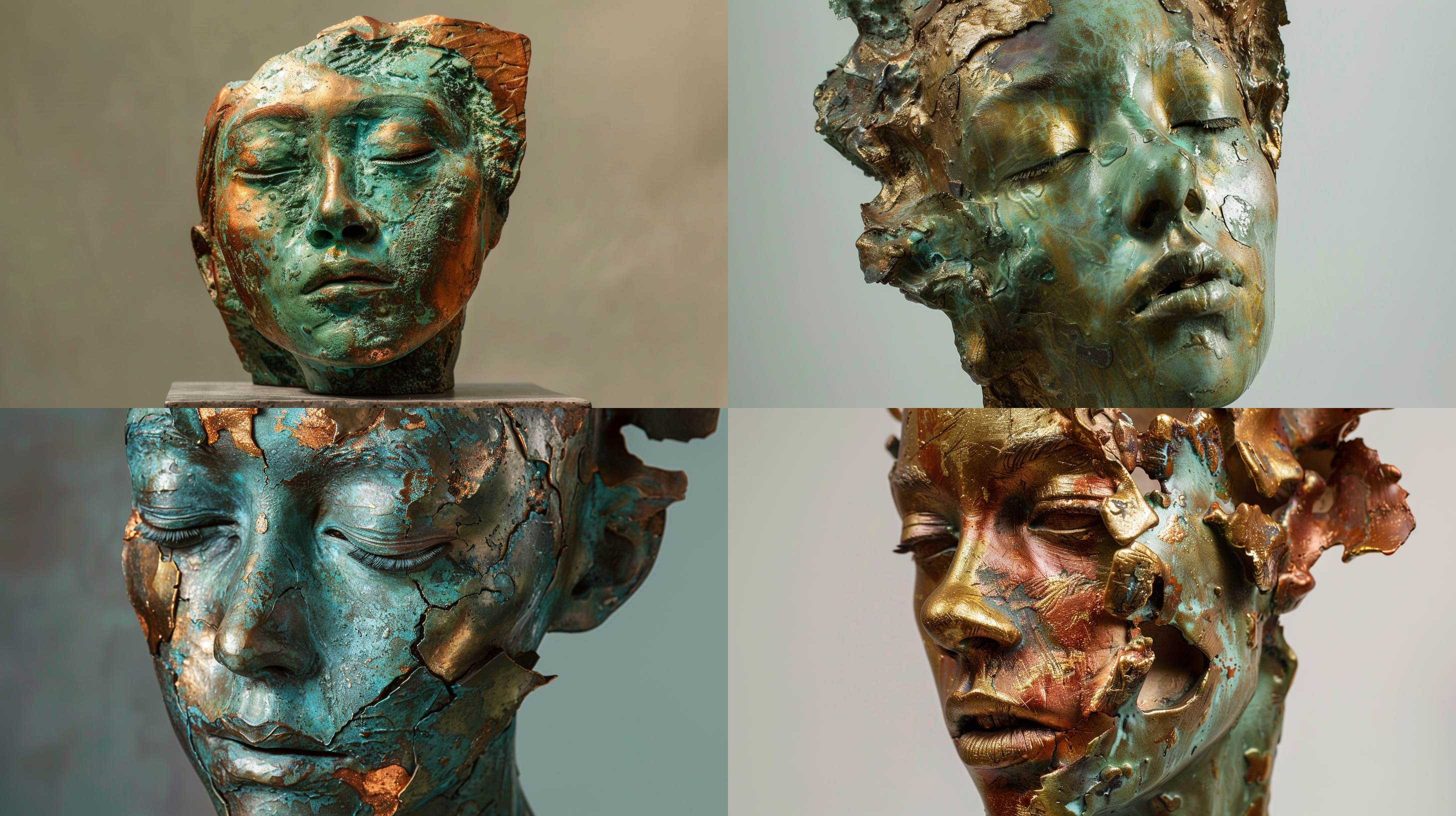 当代雕塑，人像，金丝楠木，浅浮雕，局部红铜材料，氧化铜绿色效果，金色，异型结构，中型镜头，侧光，细节表现，凝固的动感，凝重。