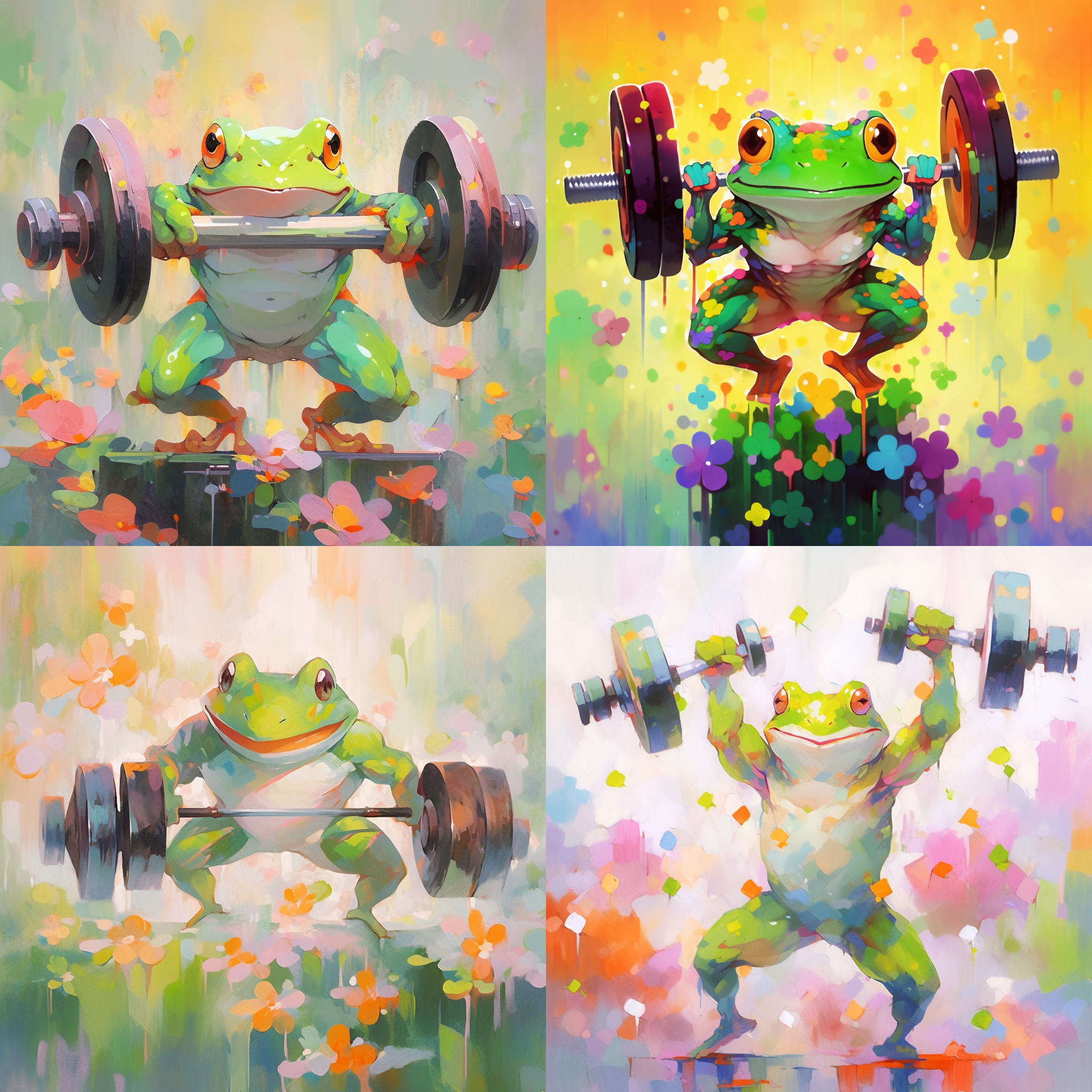 小青蛙玩杠铃，梦幻般景深，鲜明色彩，高质感油画效果，强烈光影，模糊浸染边缘，光线投射，绿色调，欢快表情。