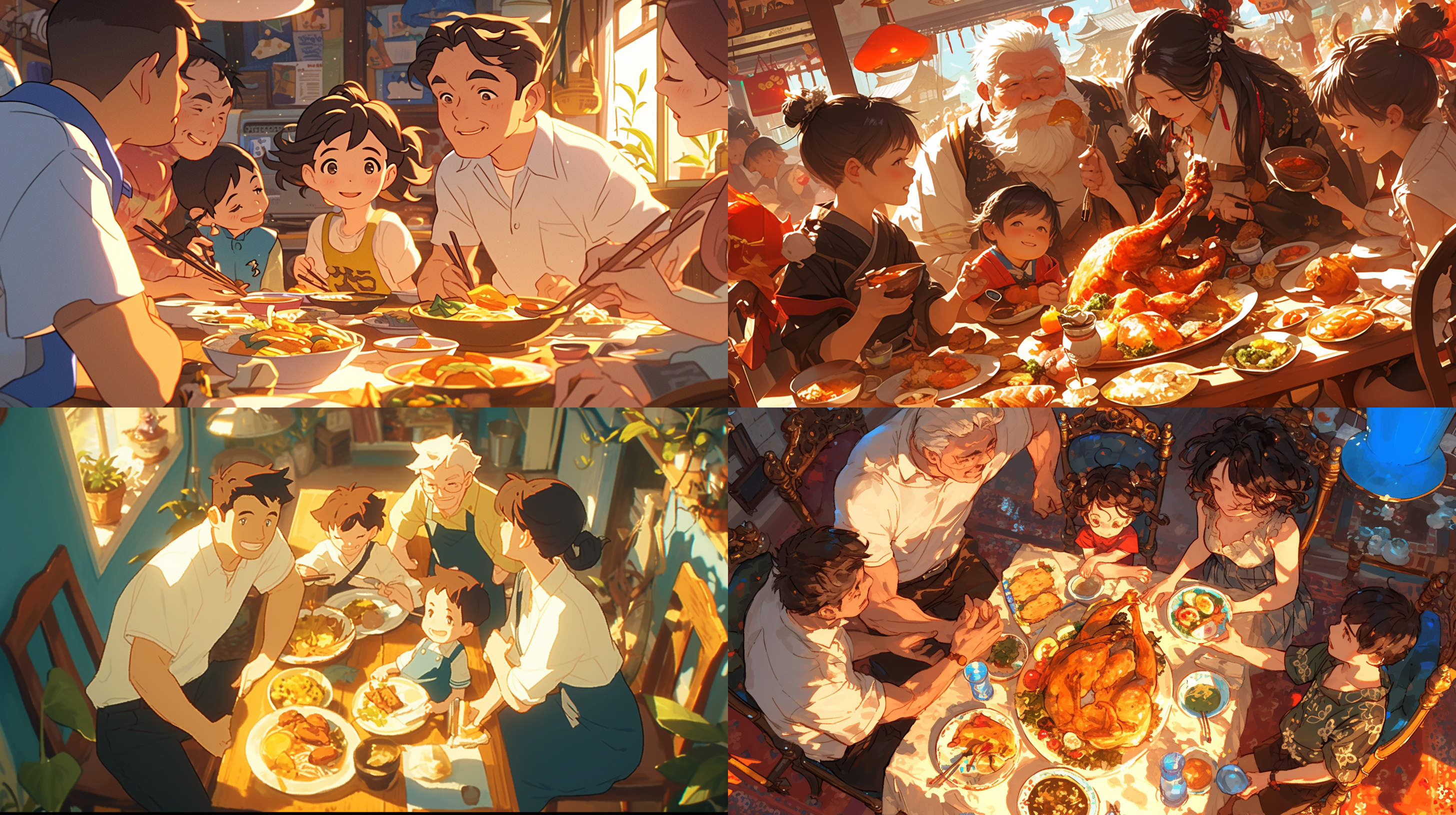 一个亚洲家庭年轻的爸爸妈妈男孩和亚洲爷爷奶奶在一起开心吃饭，柔光，细节精致，布局精致，超广角镜头，静态。加入情节让画面更丰富