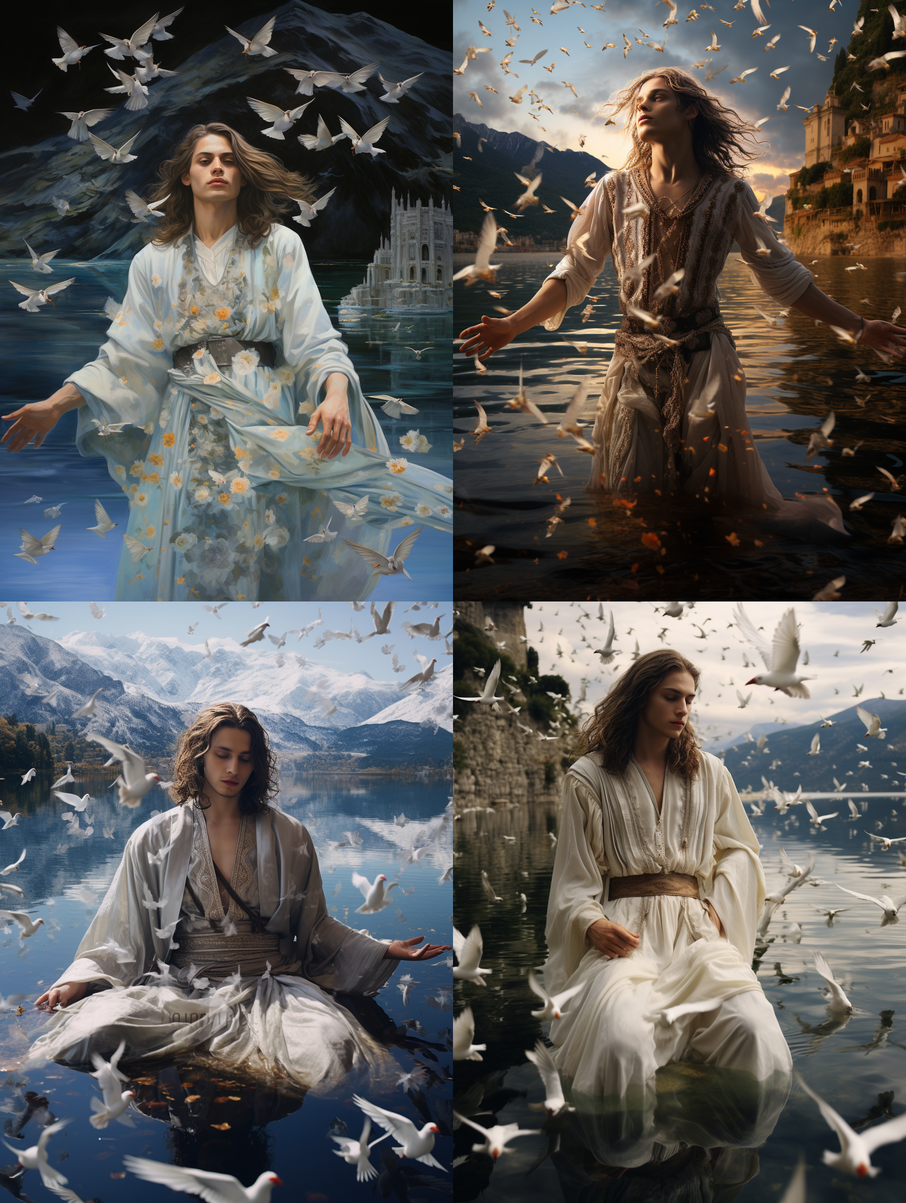 一个15岁绝美少年男孩，长头发，衣服是薄纱材质的，脚在湖里，空中有飞鸟，四周是山，达芬奇画风，画质高，光感强。