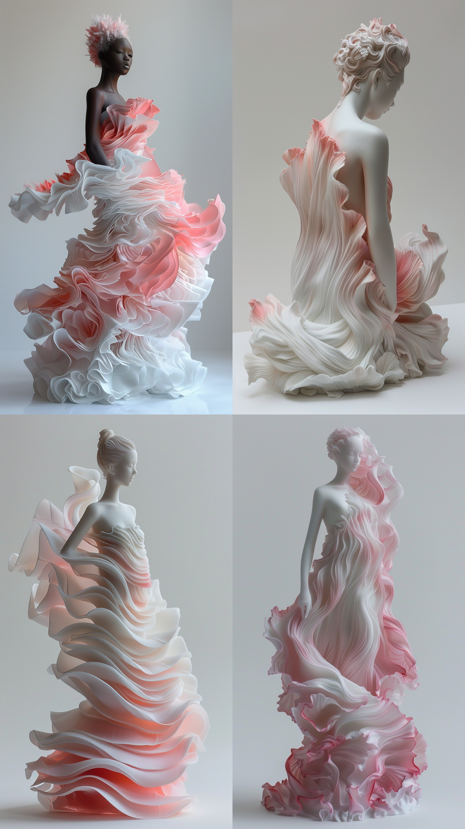 图片只有淡粉色和白色，淡粉色，淡粉色颜料晕染成分层的裙子，陶瓷少女，面向观众，分层透明渐变效果，白色背景，陶瓷材质，高清，8k 微观视角 粉白 明亮的 陶瓷