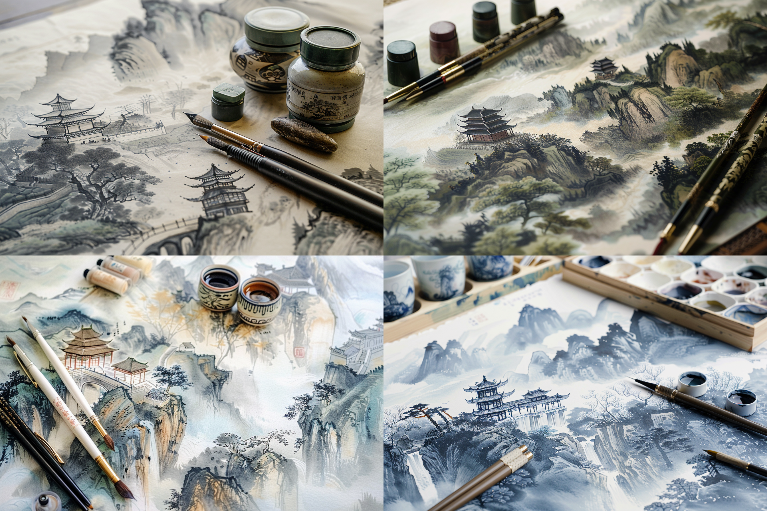 桌面上有一副中国风山水绘画带有一丝中国优雅，画中是起伏的景观，郁郁葱葱的绿树和点缀在山上的亭台楼阁。旁边摆着笔墨纸砚，专业摄影，景深，广角镜头，微距拍摄，细节清晰